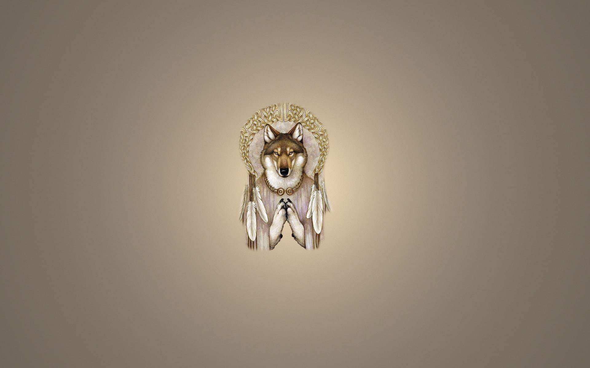 Dreamcatcher, light background, feathers, wolf, minimalism, 1080P, HD Wallpaper
