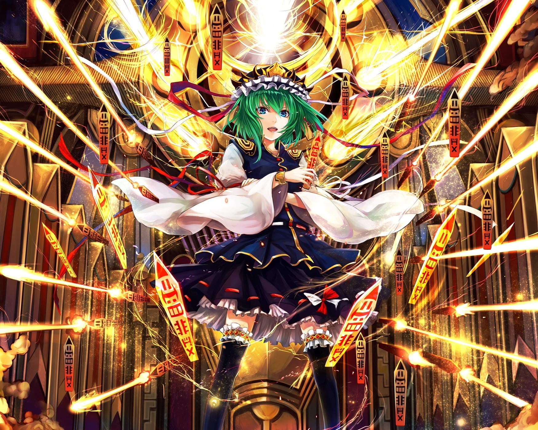 talismans, motion, creativity, lighting equipment, building, Anime, green hair, illuminated, dress, night, glowing, shikieiki yamaxanadu, decoration, touhou, HD Wallpaper
