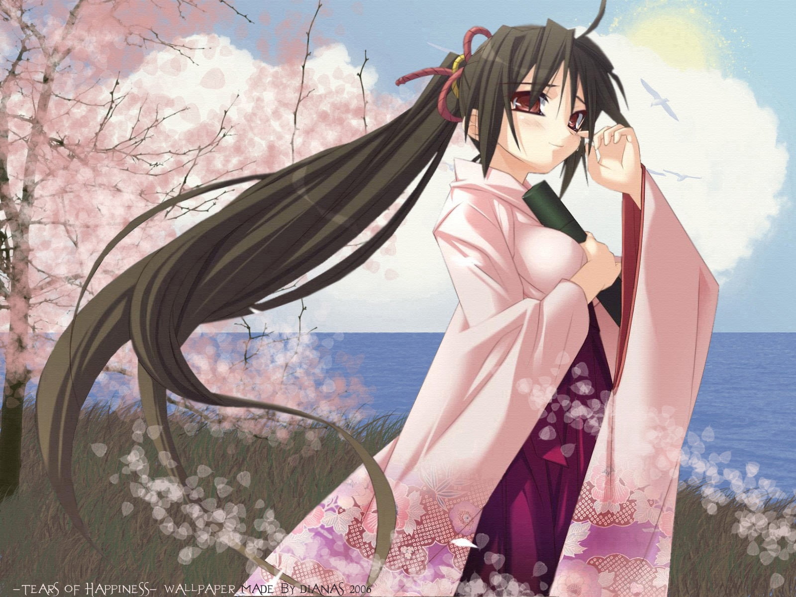hairstyle, beautiful woman, tree, brunette, leisure activity, 720P, kimono, outdoors, talisman, young women, day, tears, one person, real people, three quarter length, HD Wallpaper