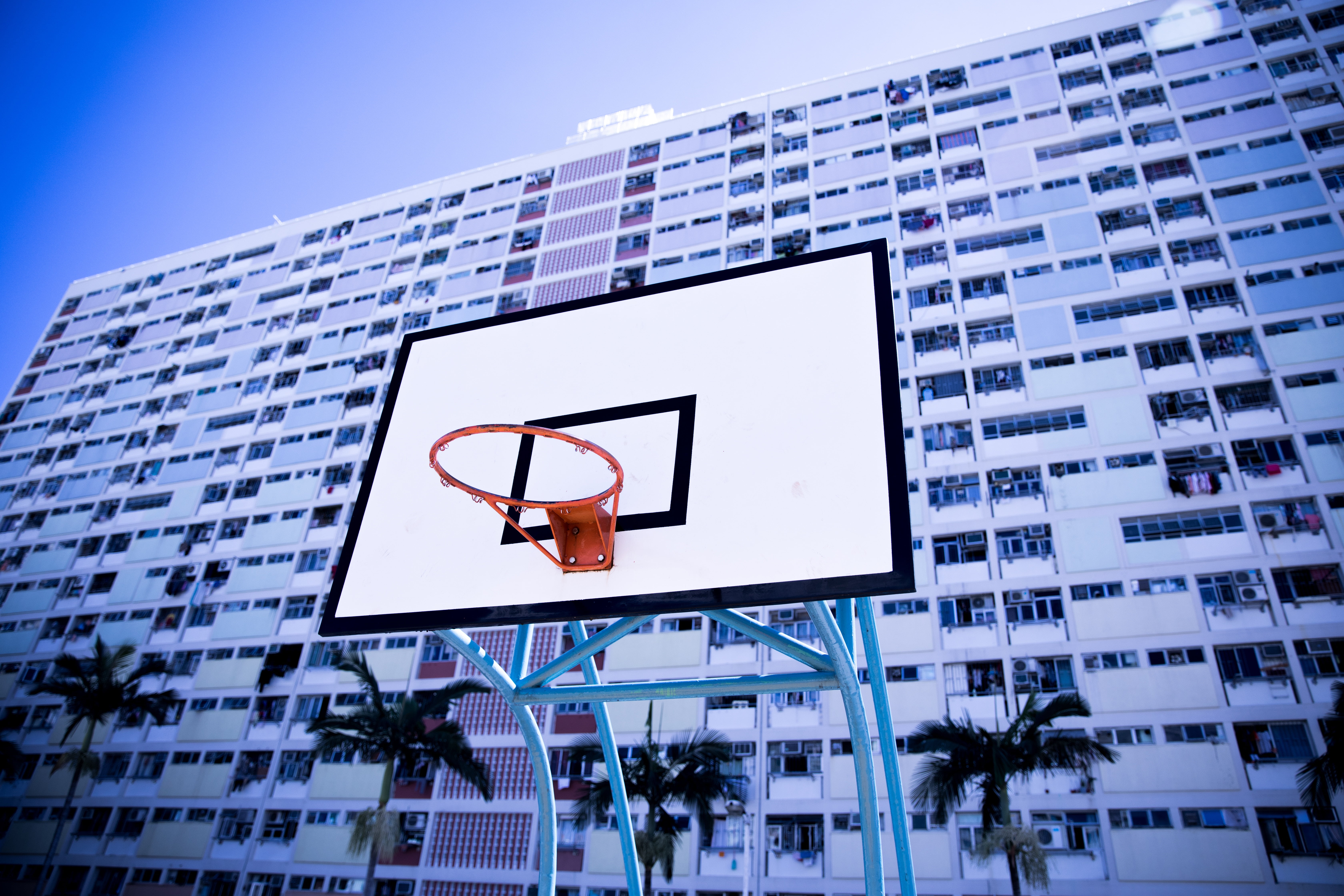 city, sky, modern, sport, blue, basketball - Sport, urban Scene, advertisement, low angle view, street, ring, building, billboard, outdoors, clear sky, HD Wallpaper
