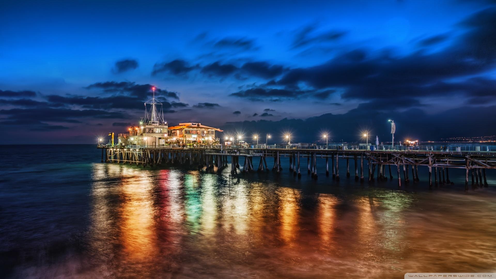 monica, santa, beach, 1080P, night, pier, nature and landscapes, lights, HD Wallpaper