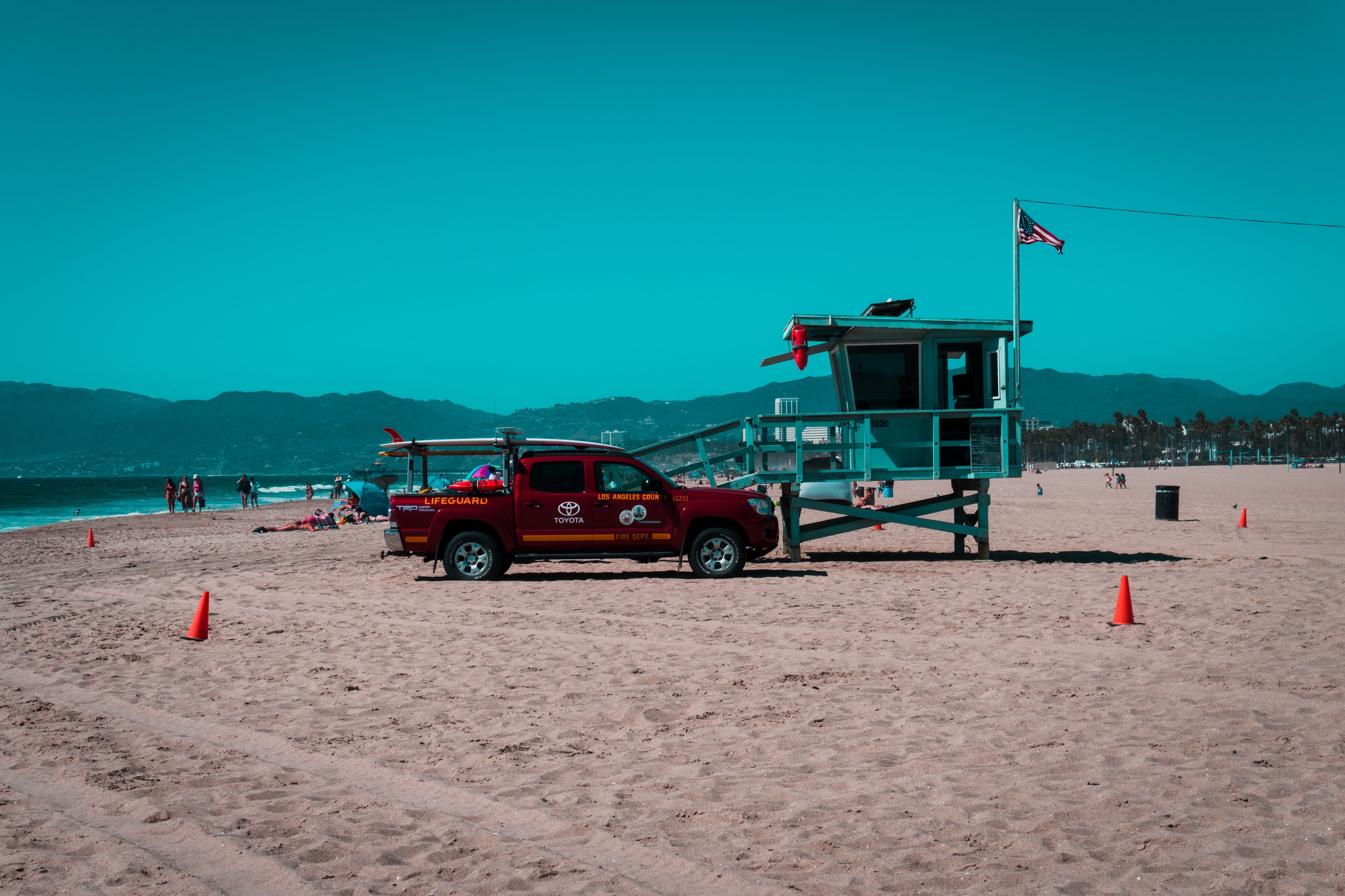 blue, beauty in nature, water, united states, mountain, incidental people, lifeguard, outdoors, surf, california, sky, truck, transportation, sand, copy space, HD Wallpaper