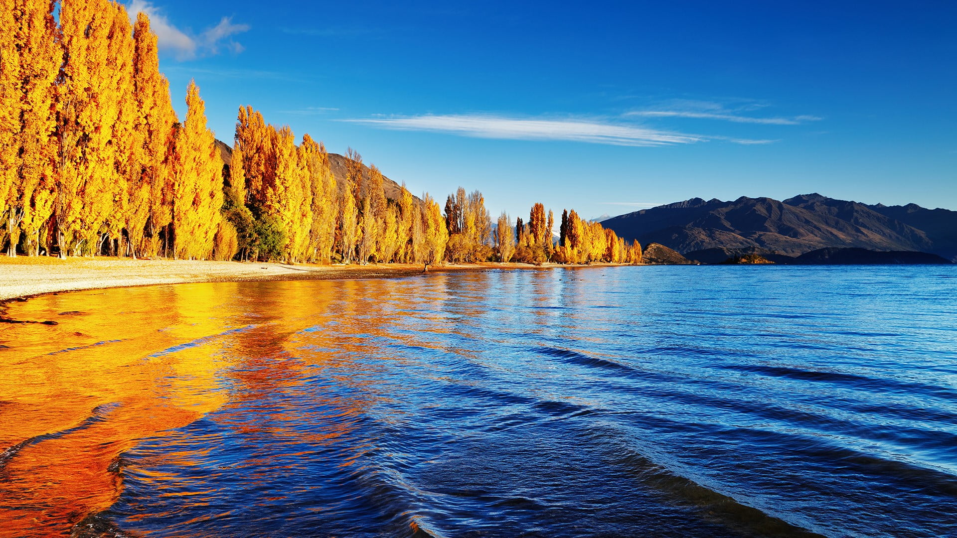 water ripples, mountains, trees, landscape, sunlight, clouds, sky, nature, Lake Wanaka, sand, forest, 1080P, New Zealand, waves, fall, HD Wallpaper