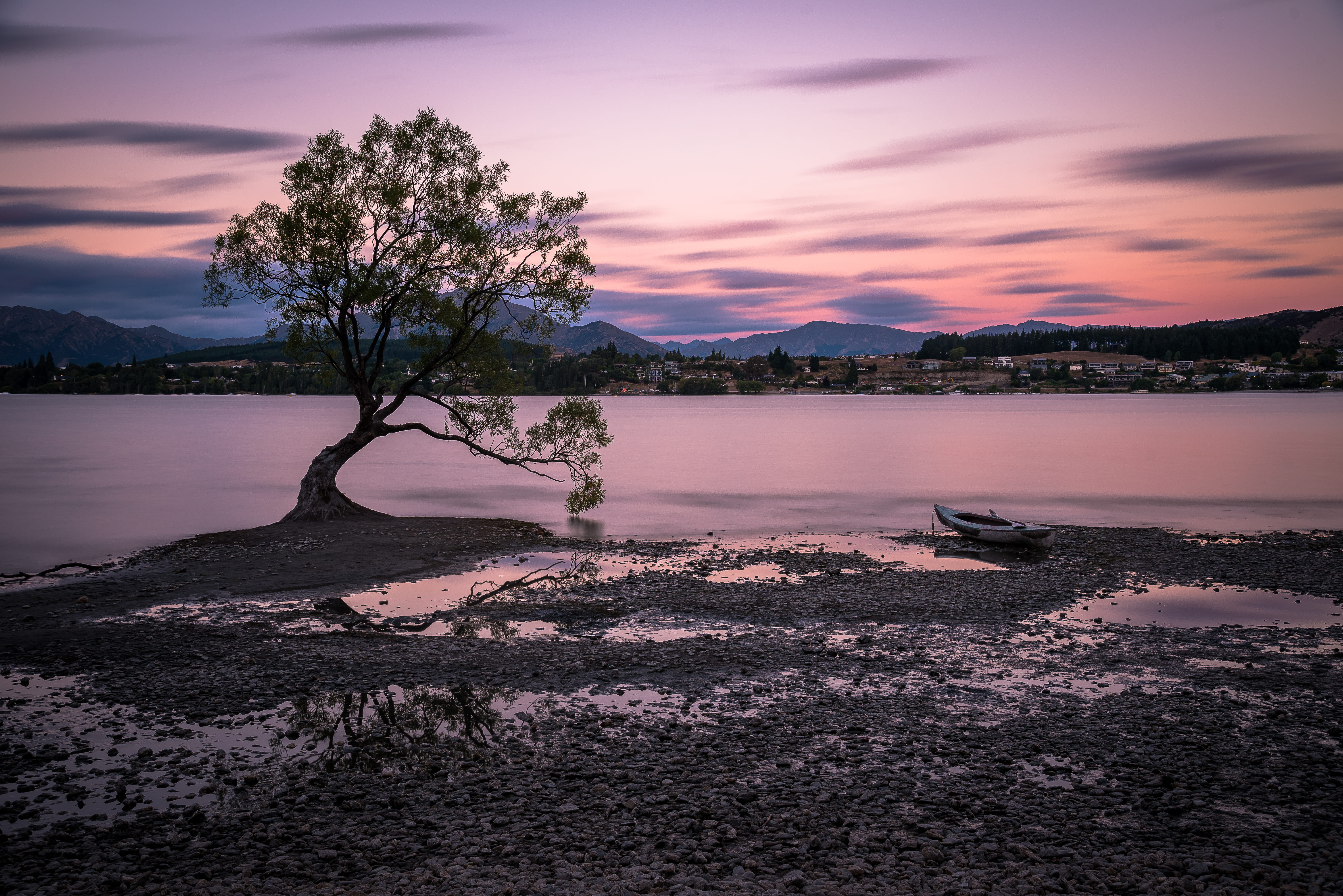 no people, outdoors, lake, purple, beside, long exposure, lake wanaka, beauty in nature, sunset, reflection, mountain, water, front, 5K, nature, cloud - sky, HD Wallpaper