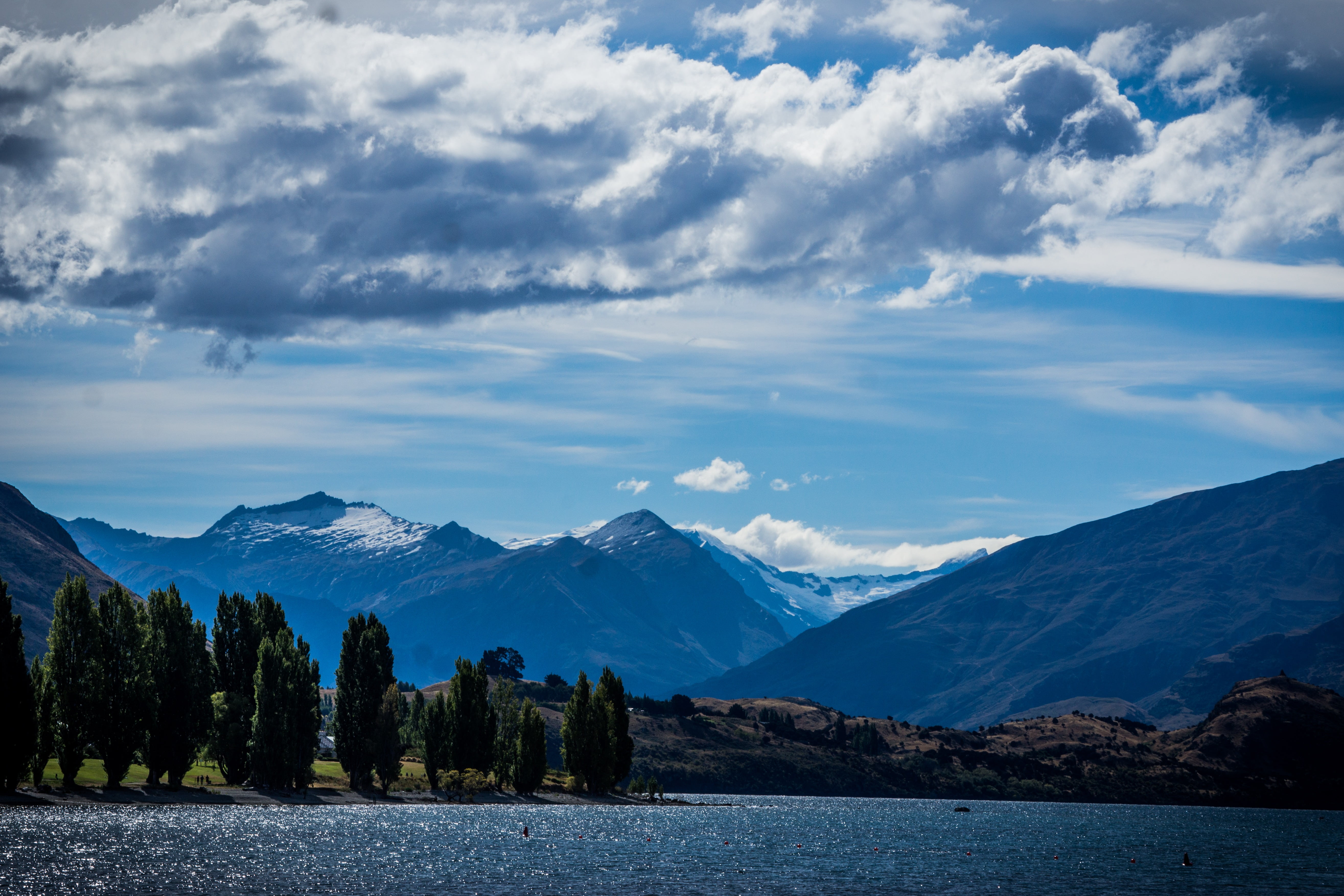 mountain range, mountain peak, tourism, new, wanaka, new zealand, beach, summer, cloud - sky, idyllic, tranquil scene, snow, cold temperature, no people, HD Wallpaper