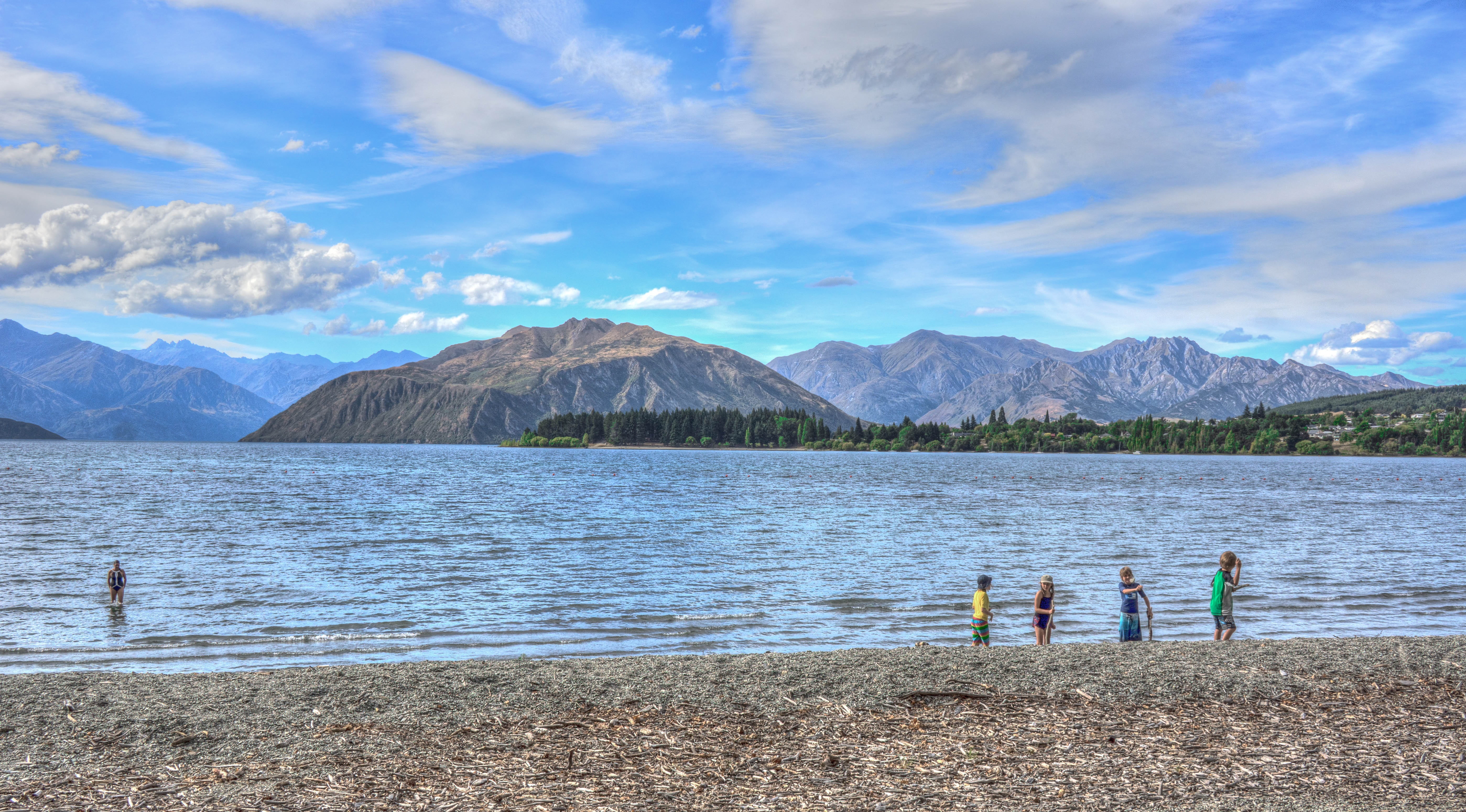 family, togetherness, scenics - nature, childhood, boys, children, day, summer, hdr, mountain range, 5K, lake wanaka, beach, new zealand, land, lake, water, HD Wallpaper