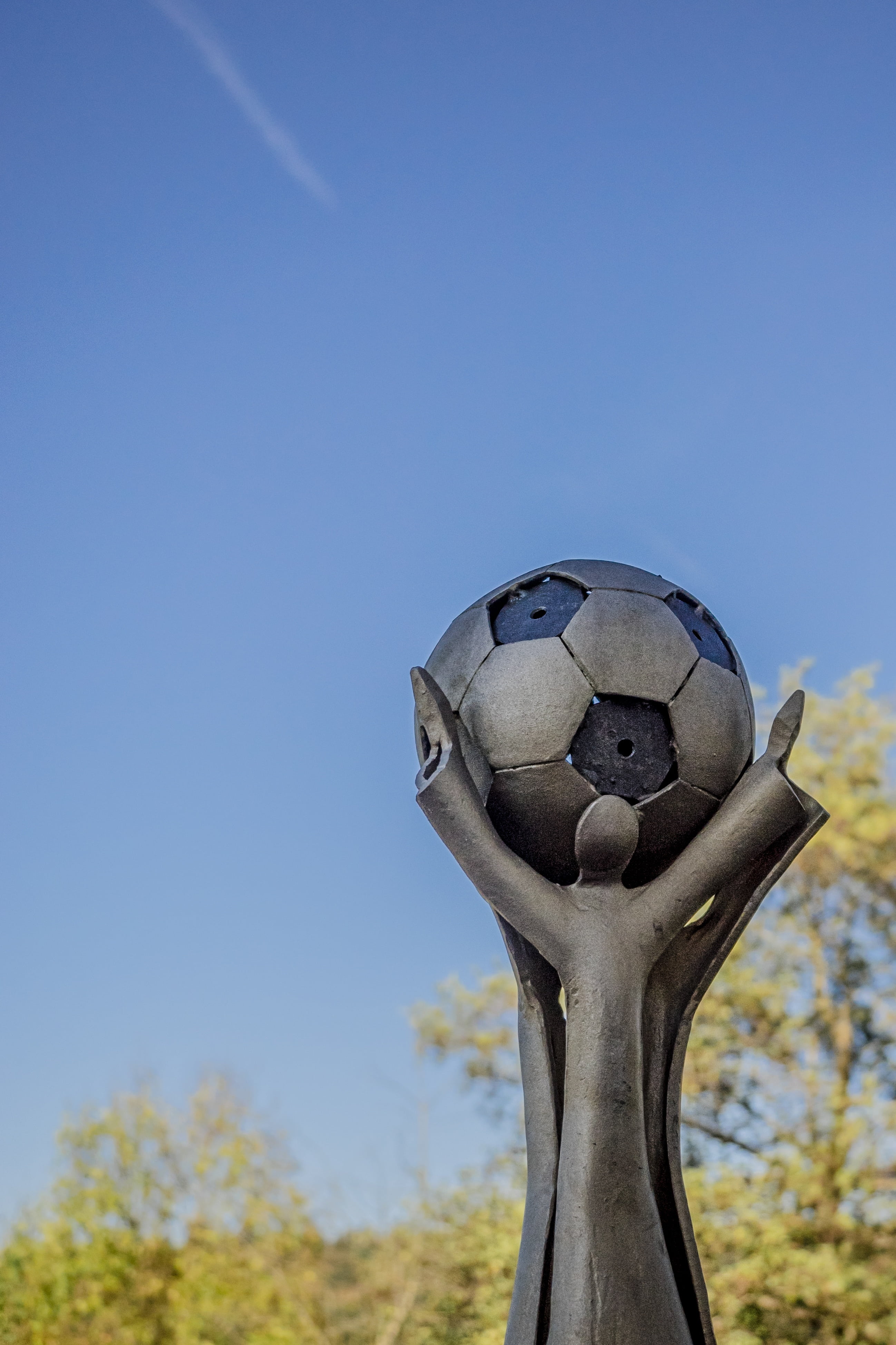 copy space, nature, day, fun, human representation, art and craft, close-up, sculpture, sky, trophy, football, cup, tree, silver colored, artwork, blue, Phone HD Wallpaper