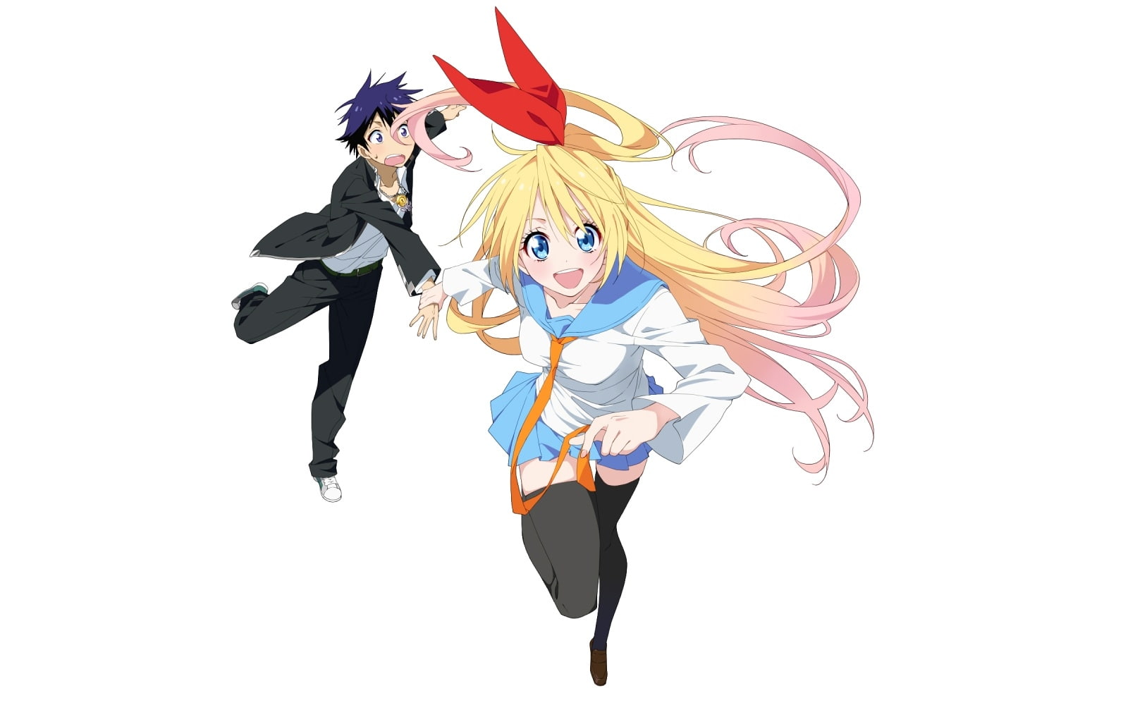 kirisaki chitoge, young adult, copy space, 720P, females, smiling, white background, nisekoi, couple - relationship, clothing, adult, full length, studio shot, HD Wallpaper