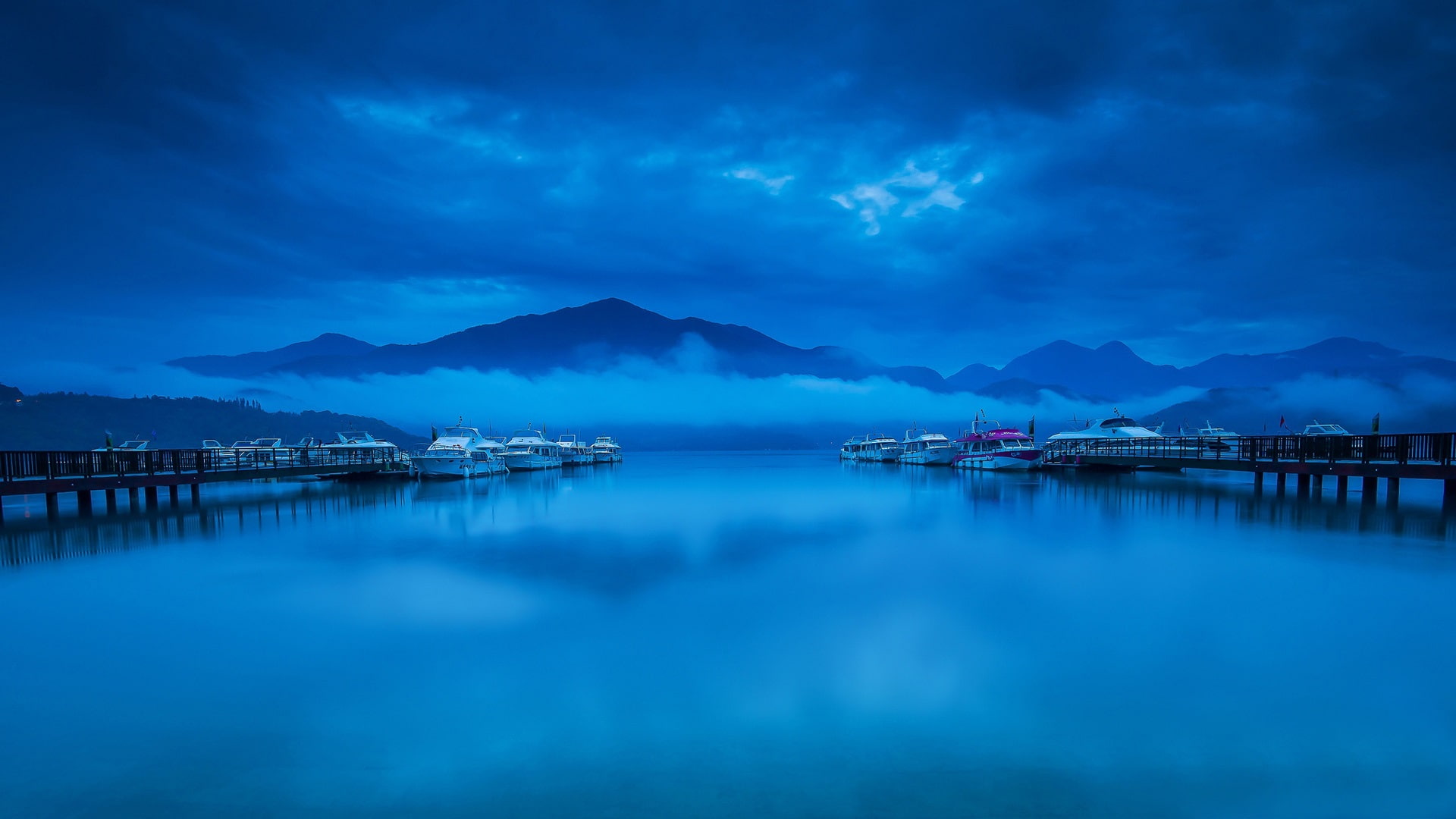 Evening, Bay, Blue, Clouds, Fog, Marina, boat, Boats, white, 1080P, HD Wallpaper