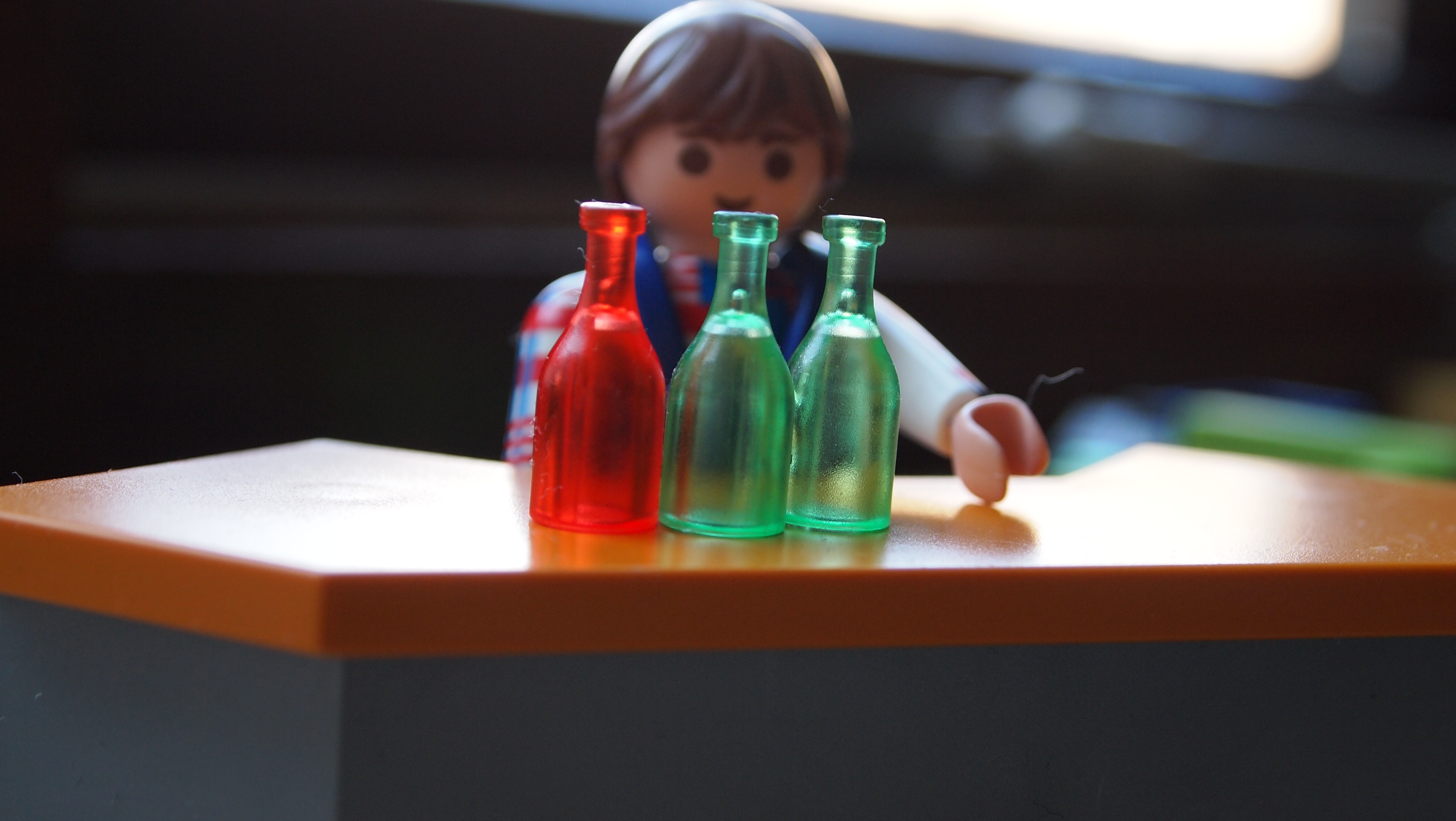refreshment, drink, education, table, day, childhood, food and drink, bottles, child, indoors, 4K, playmobil, glass - material, offspring, play, electric lamp, HD Wallpaper