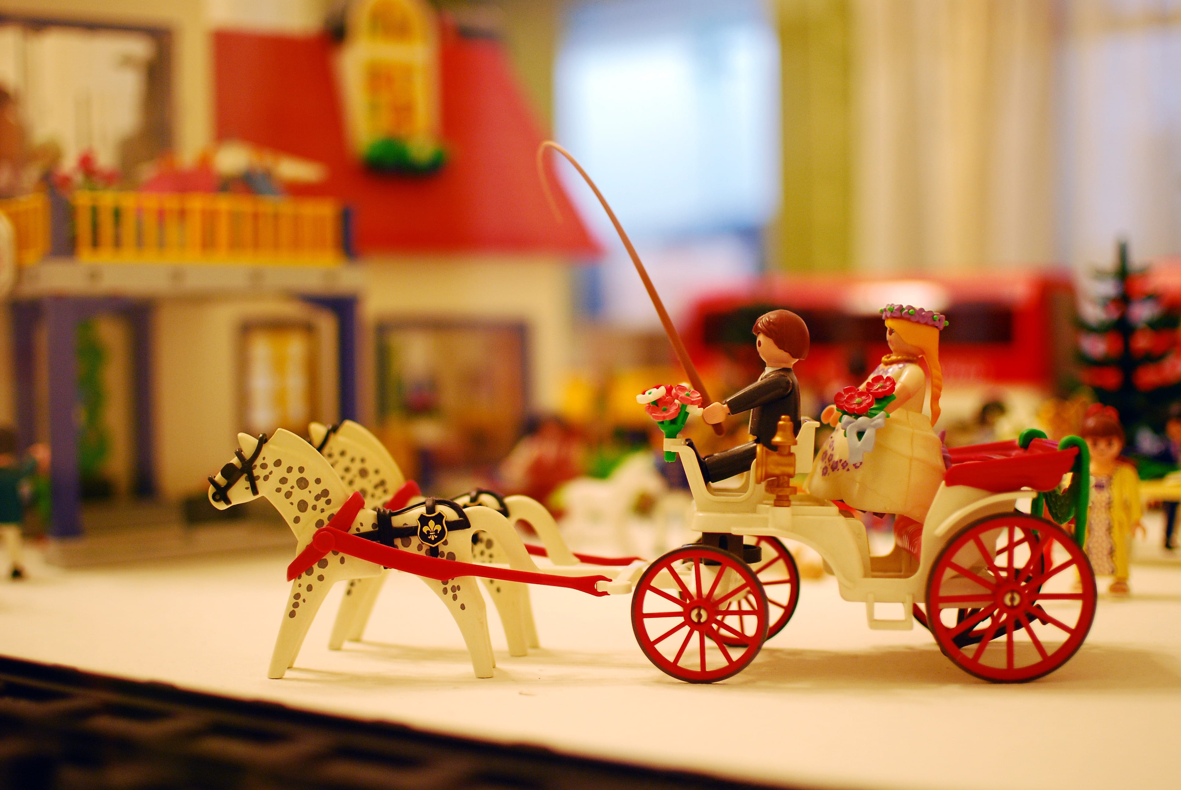toy car, wedding carriage, indoors, close-up, childhood, representation, small, Playmobil, focus on foreground, human representation, table, multi colored, HD Wallpaper