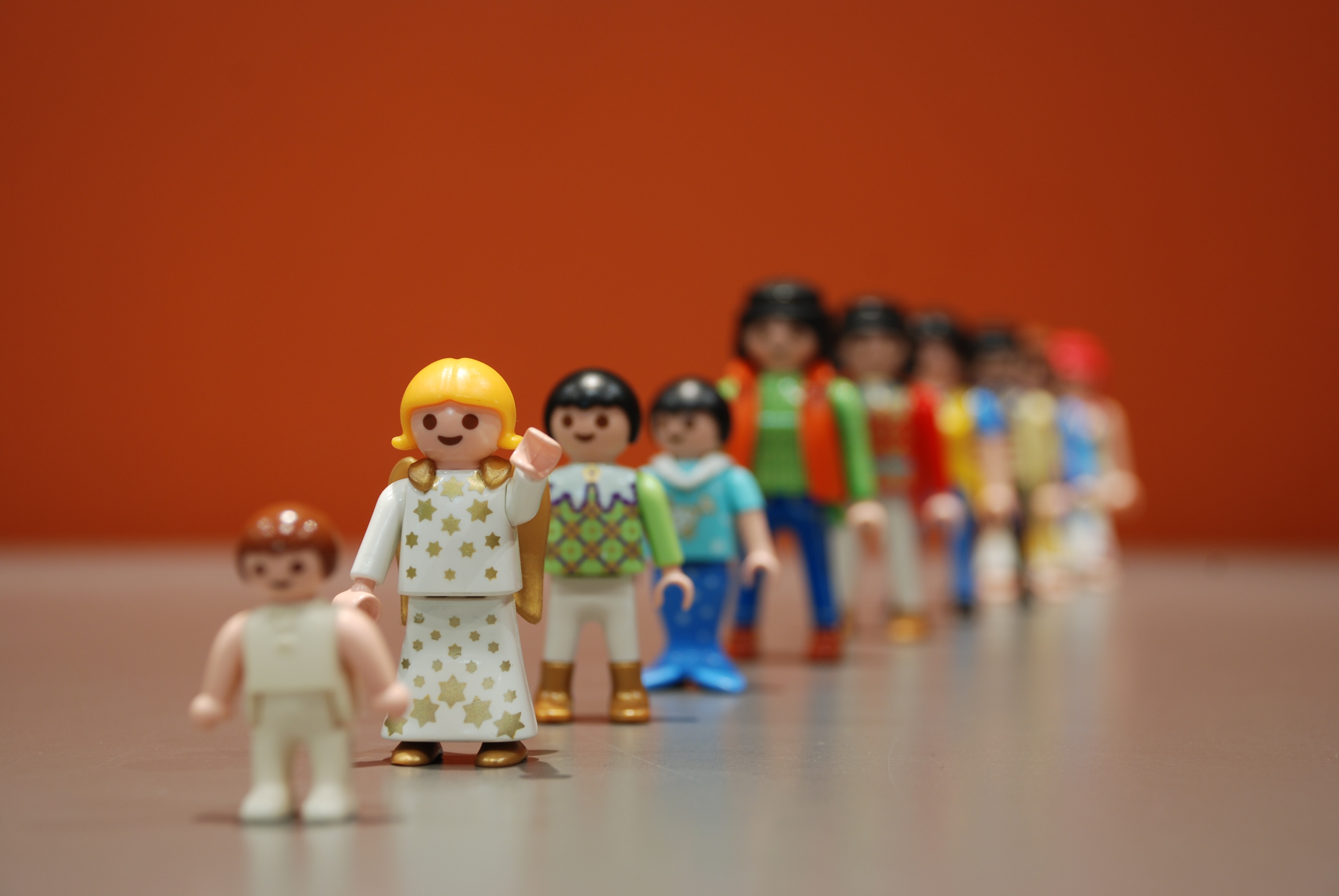 childhood, plastic, still life, indoors, multi colored, row, craft, art and craft, people, action, toy, focus, table, small, male likeness, red, playmobil, HD Wallpaper