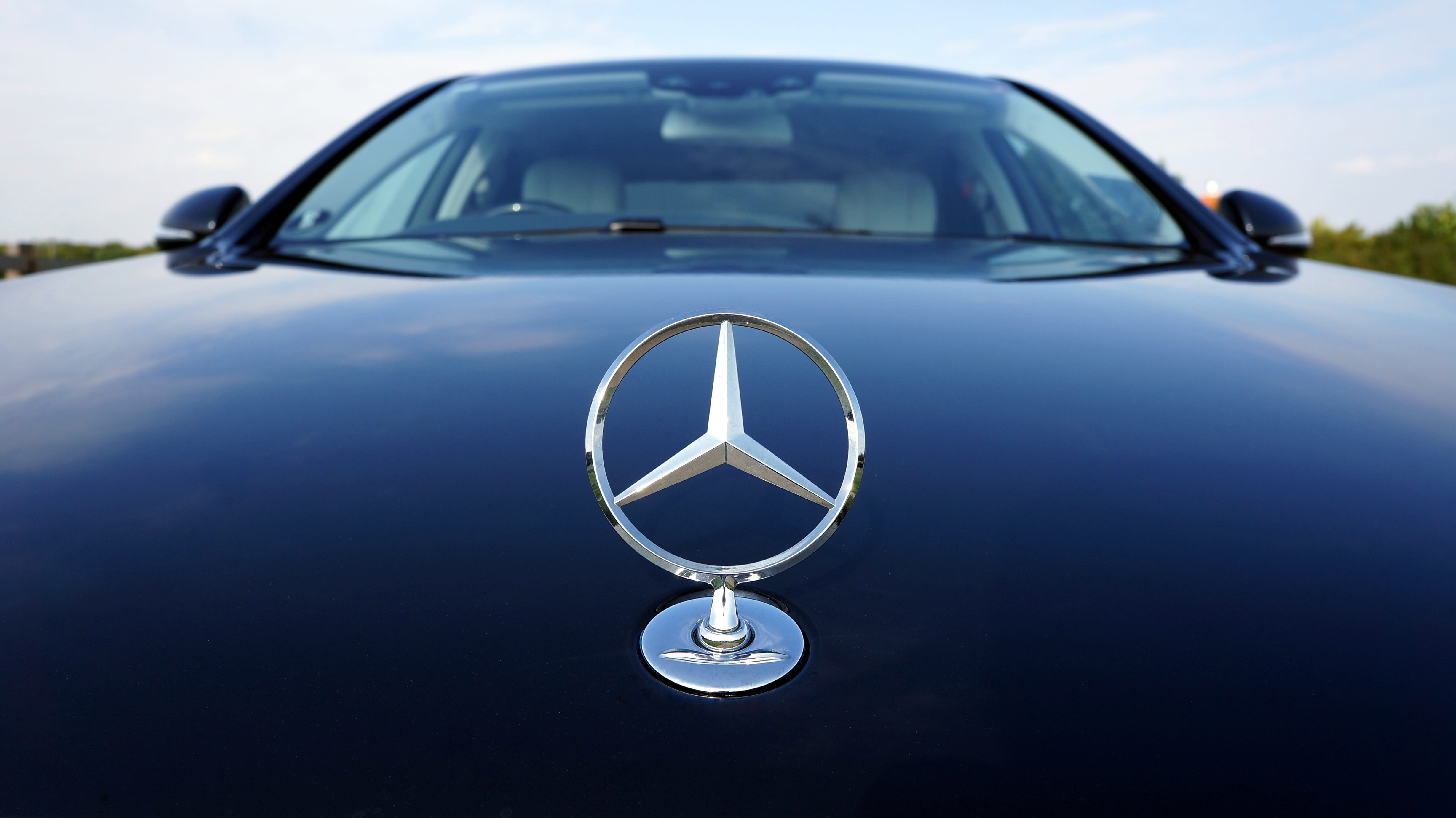 photo, emblem, mercedes, retro styled, close-up, single object, car, sky, 4K, windshield, automotive, bonnet, transport, Mercedes-Benz, glass - material, HD Wallpaper