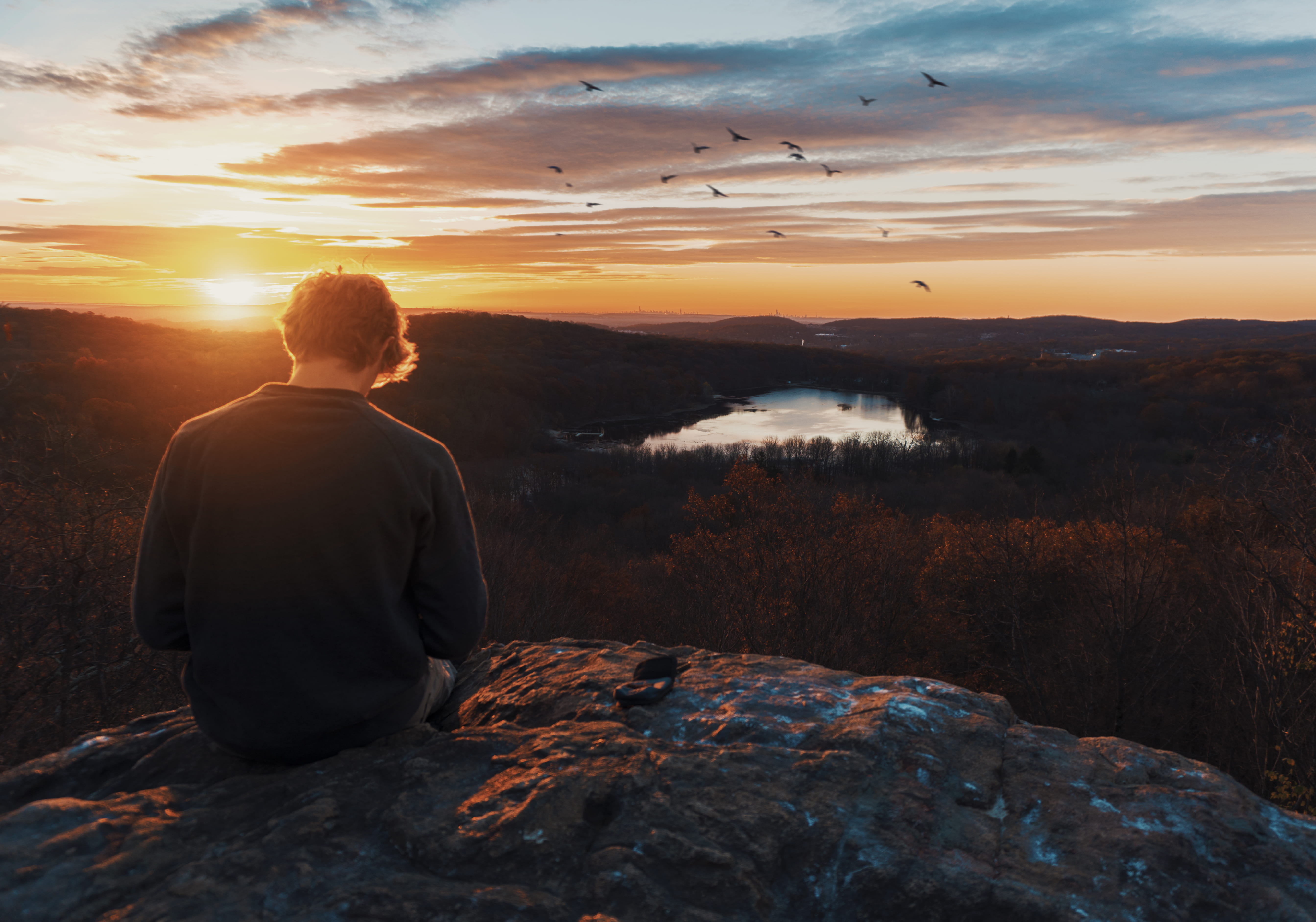 lens flare, 5K, person, sky, idyllic, solid, mountains, wilderness, tranquil scene, aesthetic, outdoors, lifestyles, sitting, tranquility, wild, birds, HD Wallpaper