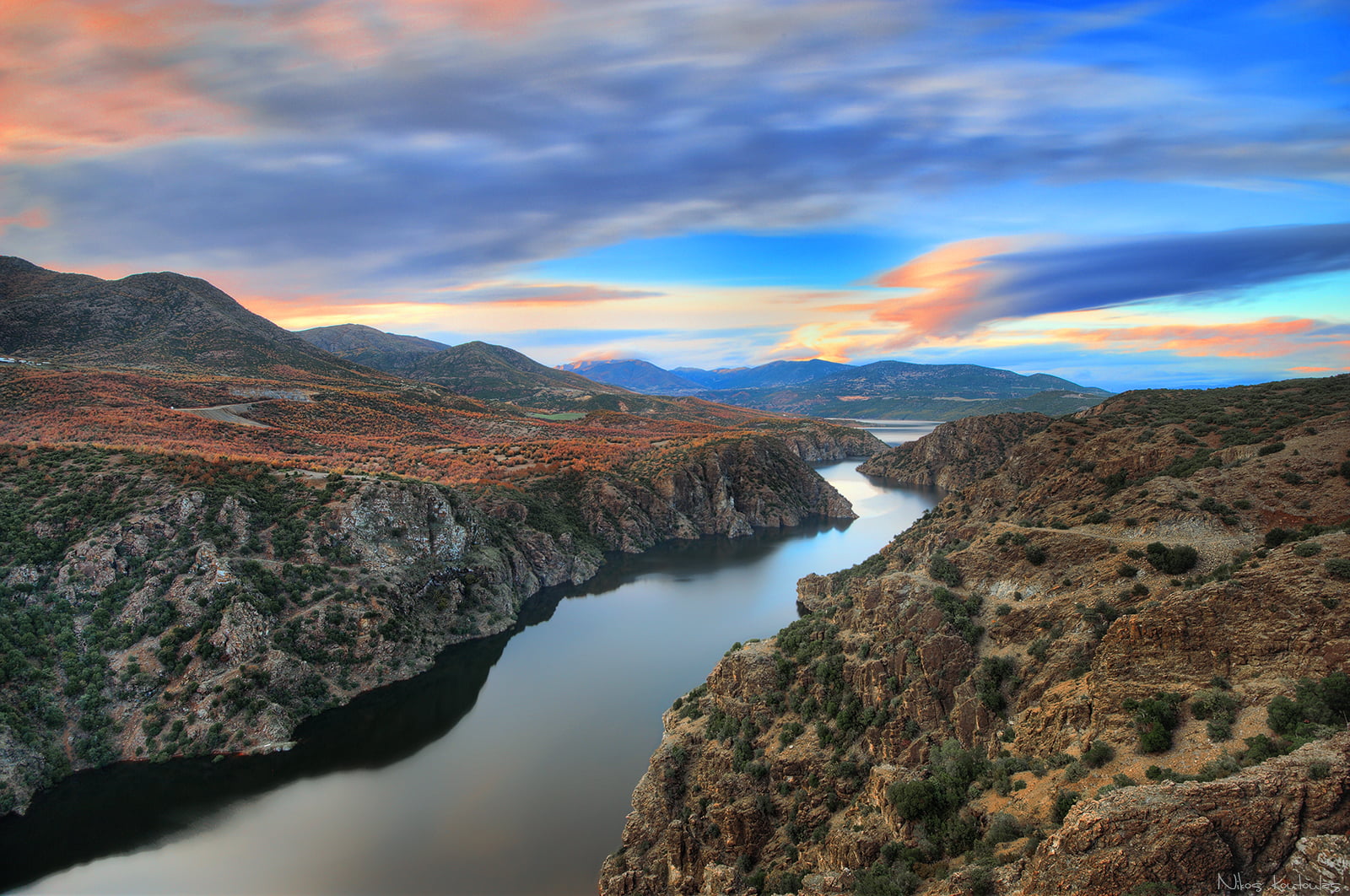 greece, mountain, dam, sunset, outdoors, scenics, end, travel, landscape photography, Ελλάδα, landscape, cumulus clouds, clouds, 720P, lake, nimbus, color, HD Wallpaper