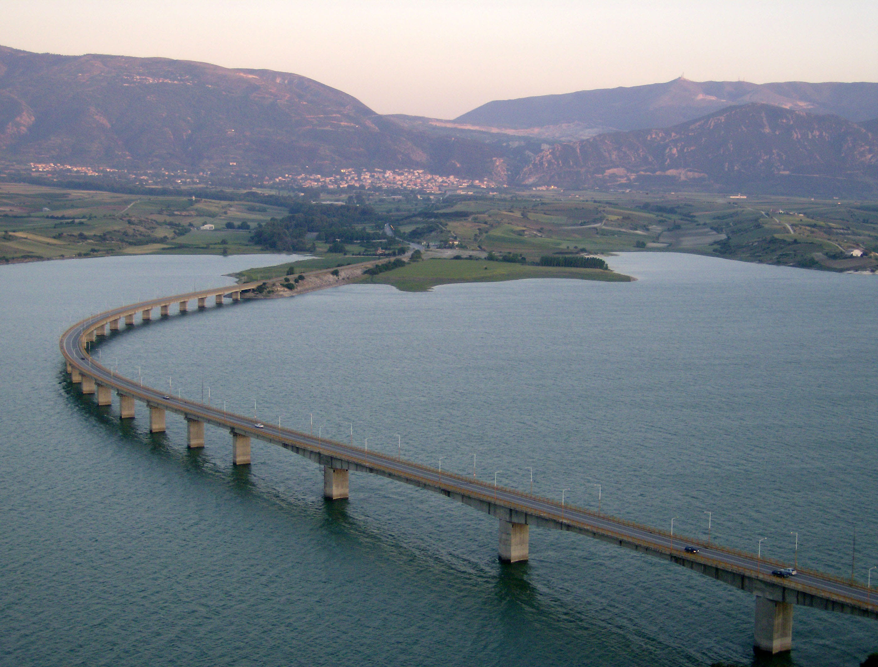 high angle view, idyllic, scenics - nature, 2K, nature, built structure, beauty in nature, Lake Polyfytos Bridge, day, bridge, sky, water, hills, Greece, HD Wallpaper