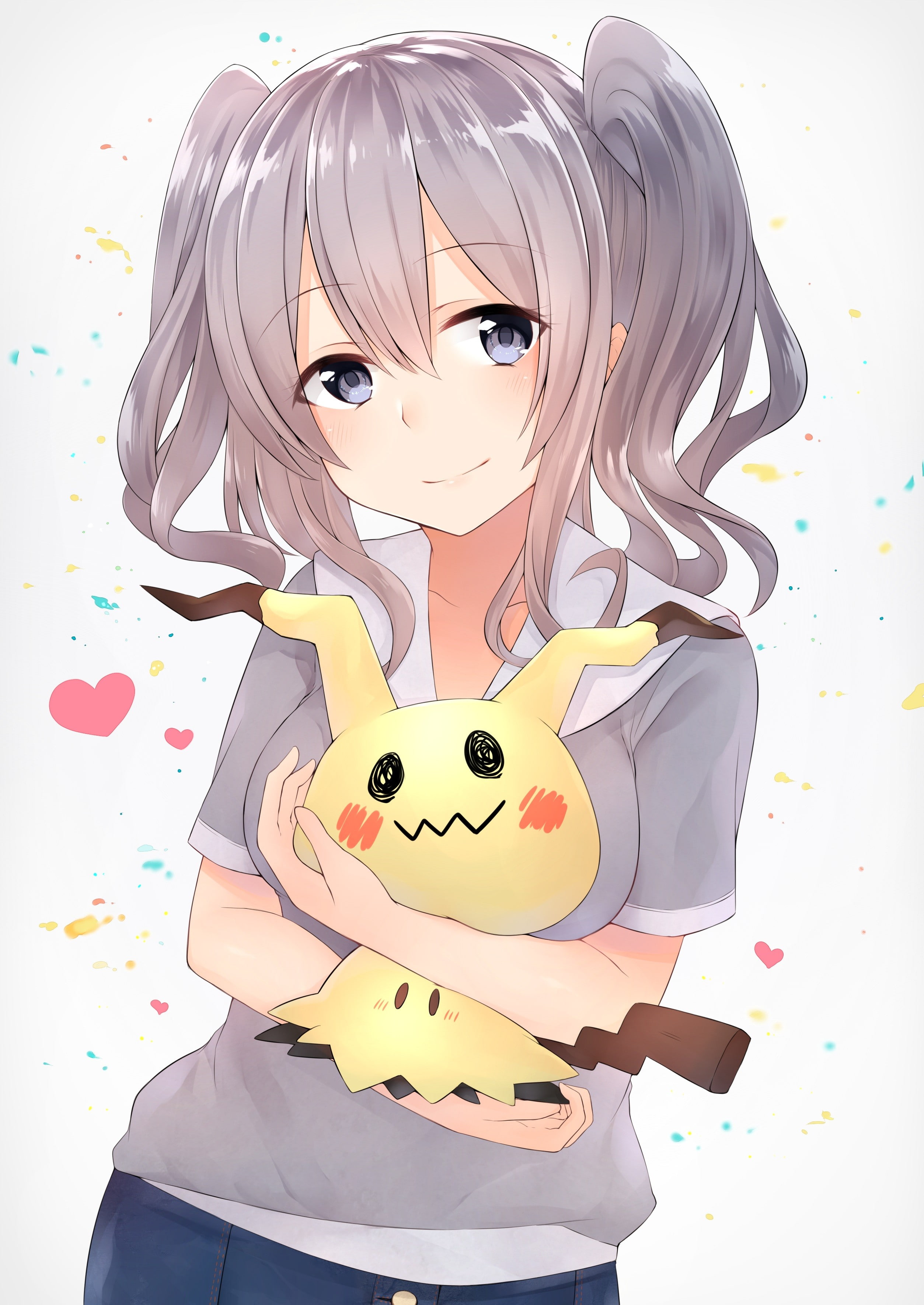 crossover, Pokémon, anime girls, Kashima (KanColle), gray hair, Kantai Collection, mimikyu, 2K, Phone HD Wallpaper