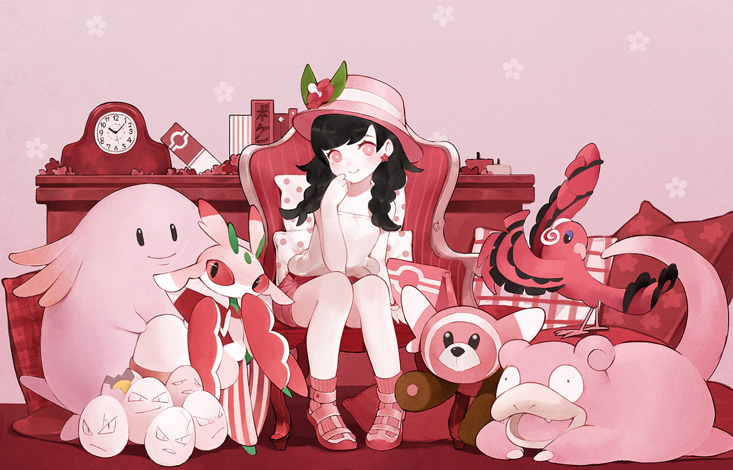 book, twintails, lurantis, 720P, black, hat, pokemon, long, com, eyes, oricorio, baiguiyu, braids, hair, flowers, 254875, shorts, slowpoke, konachan, red, HD Wallpaper