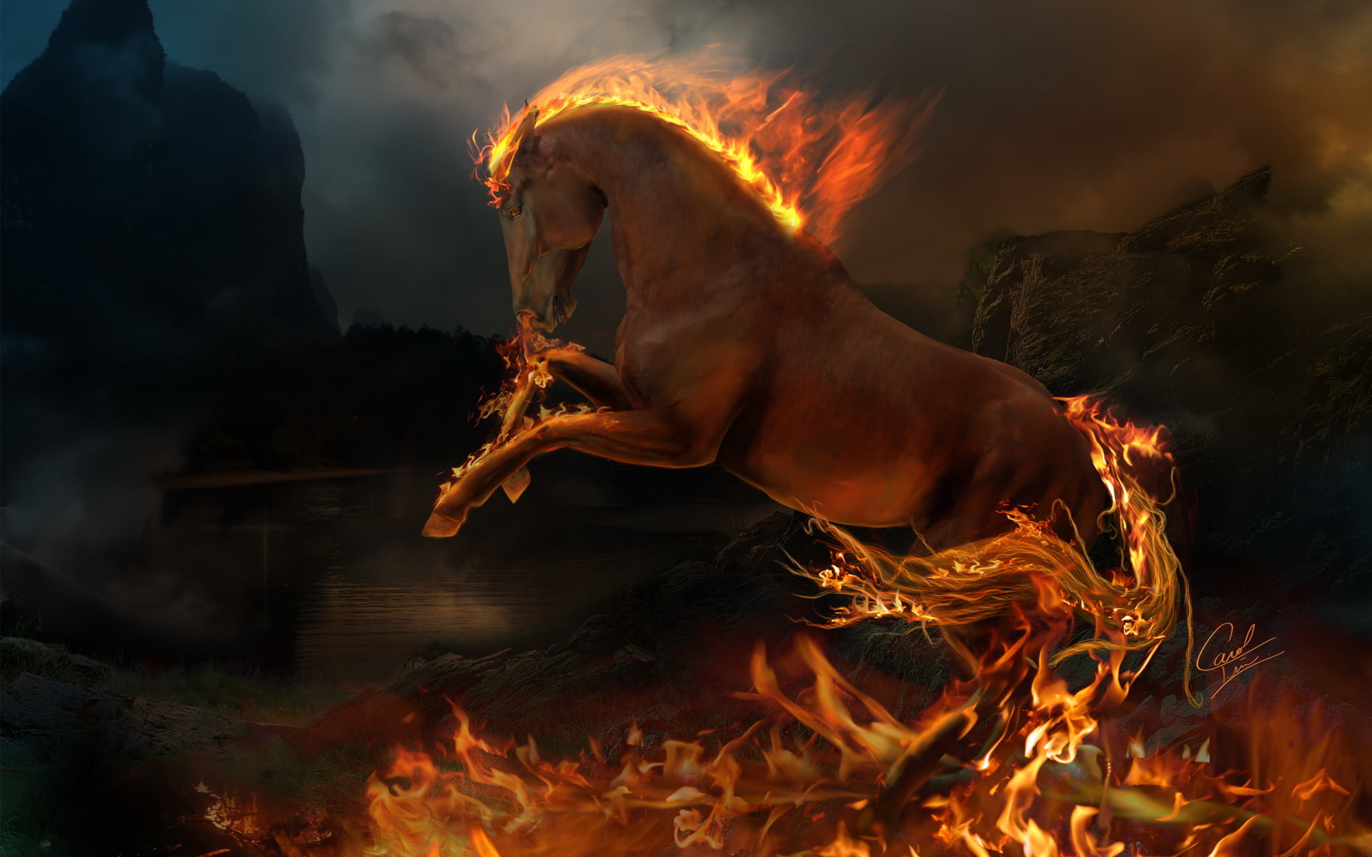 Artistic, Animal, Flame, Rapidash, Horse, Fire, Dark, Fantasy, Pokémon, Elemental, 1080P, HD Wallpaper