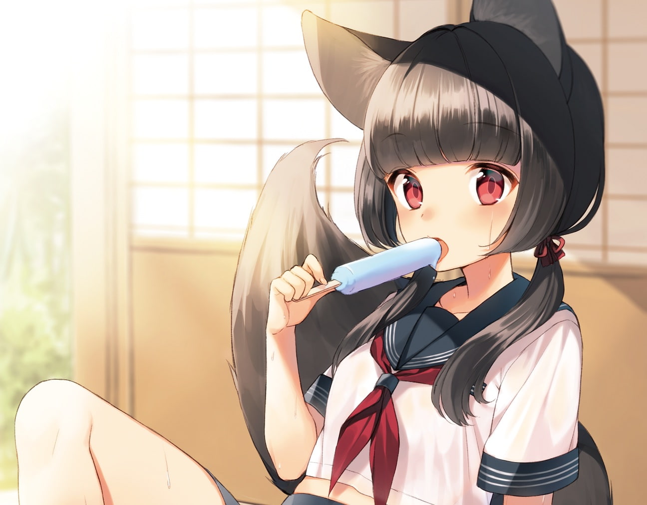red eyes, 720P, school uniform, animal ears, ice cream, brunette, tail, HD Wallpaper