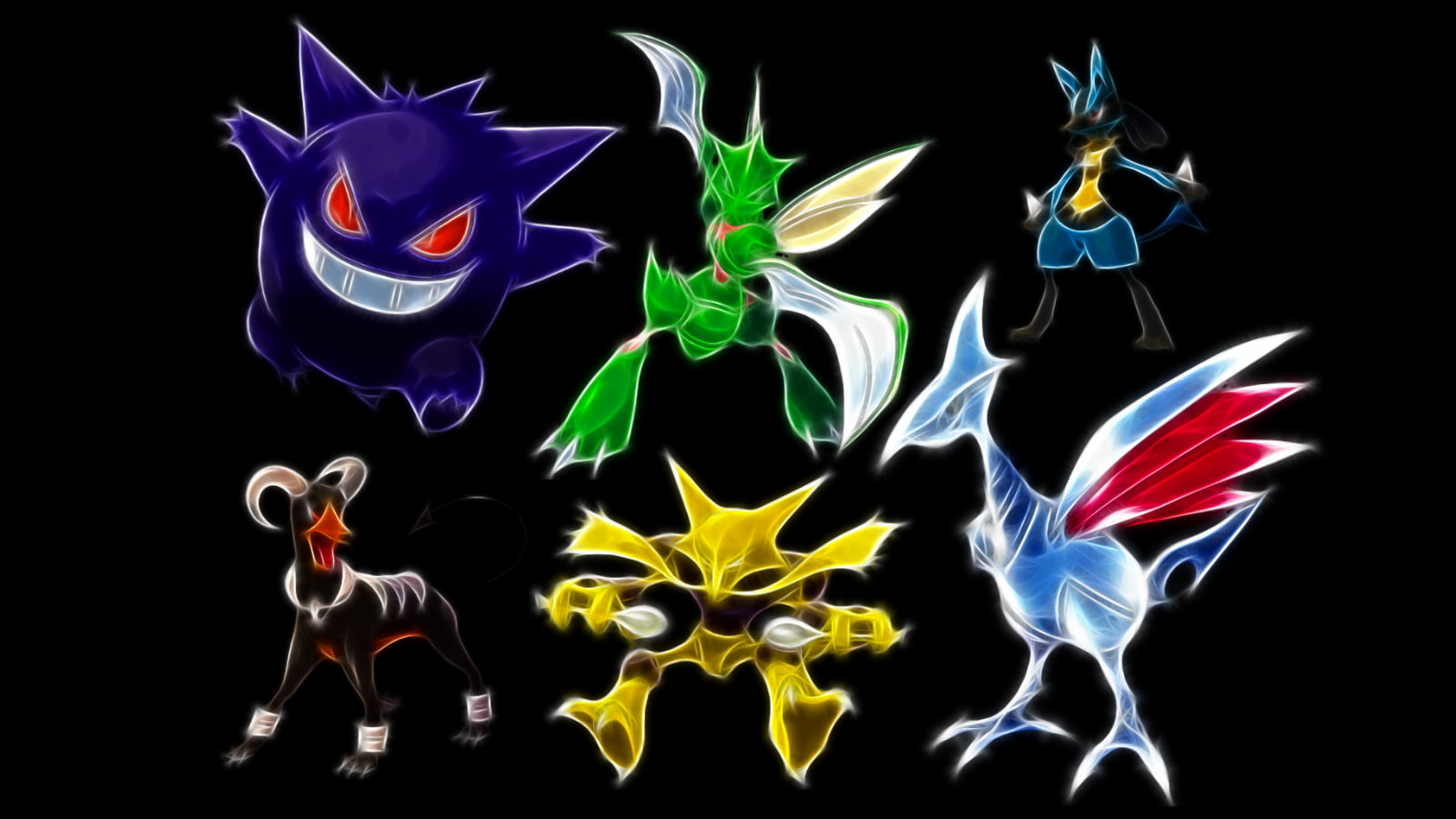 gengar, background, black, 720P, pokemon, skarmory, lucario, kadabra, scyther, houndoom, HD Wallpaper
