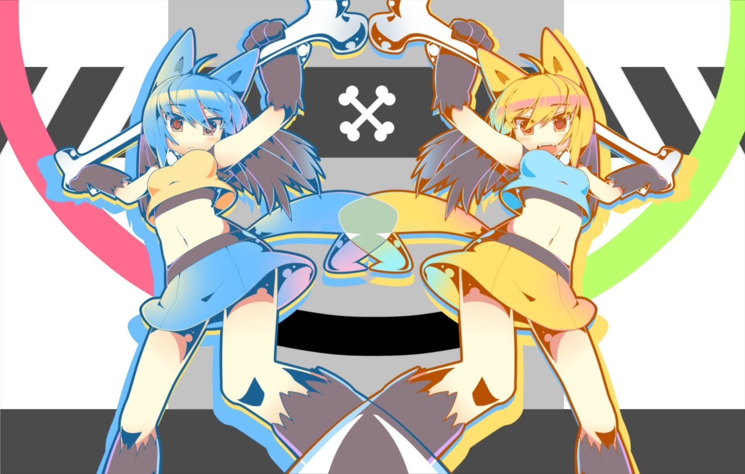 ears, 720P, girls, tail, orange, black, blue, pokemon, nongqiling, eyes, hair, bones, animal, blonde, navel, skirt, fang, anthropomorphism, gloves, lucario, HD Wallpaper