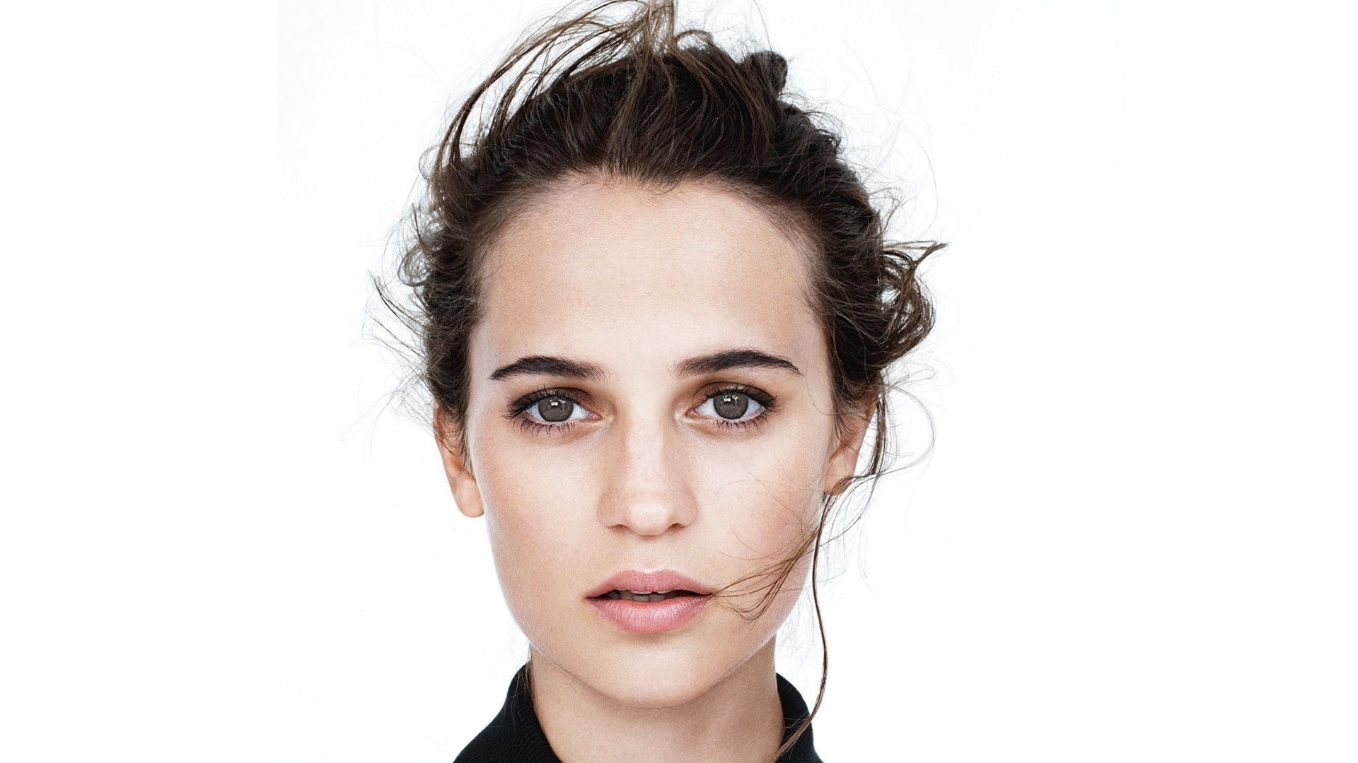 brunette, Alicia Vikander, portrait, pink lipstick, face, actress, green eyes, white background, 1080P, women, HD Wallpaper