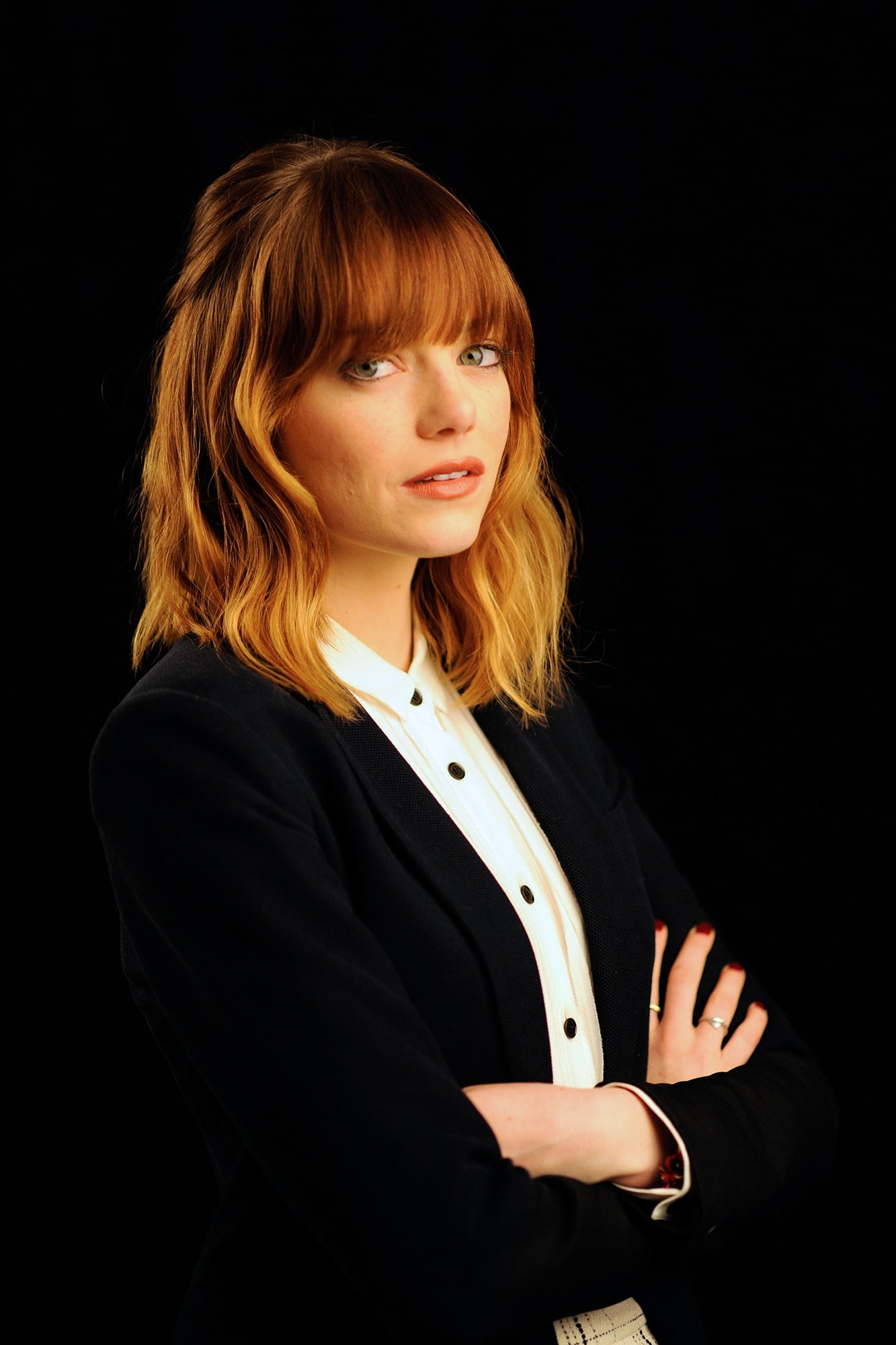 Emma Stone, business, dyed red hair, 1080P, beauty, suit, beautiful woman, young adult, indoors, painted nails, smiling, celebrity, hair, looking at camera, Phone HD Wallpaper