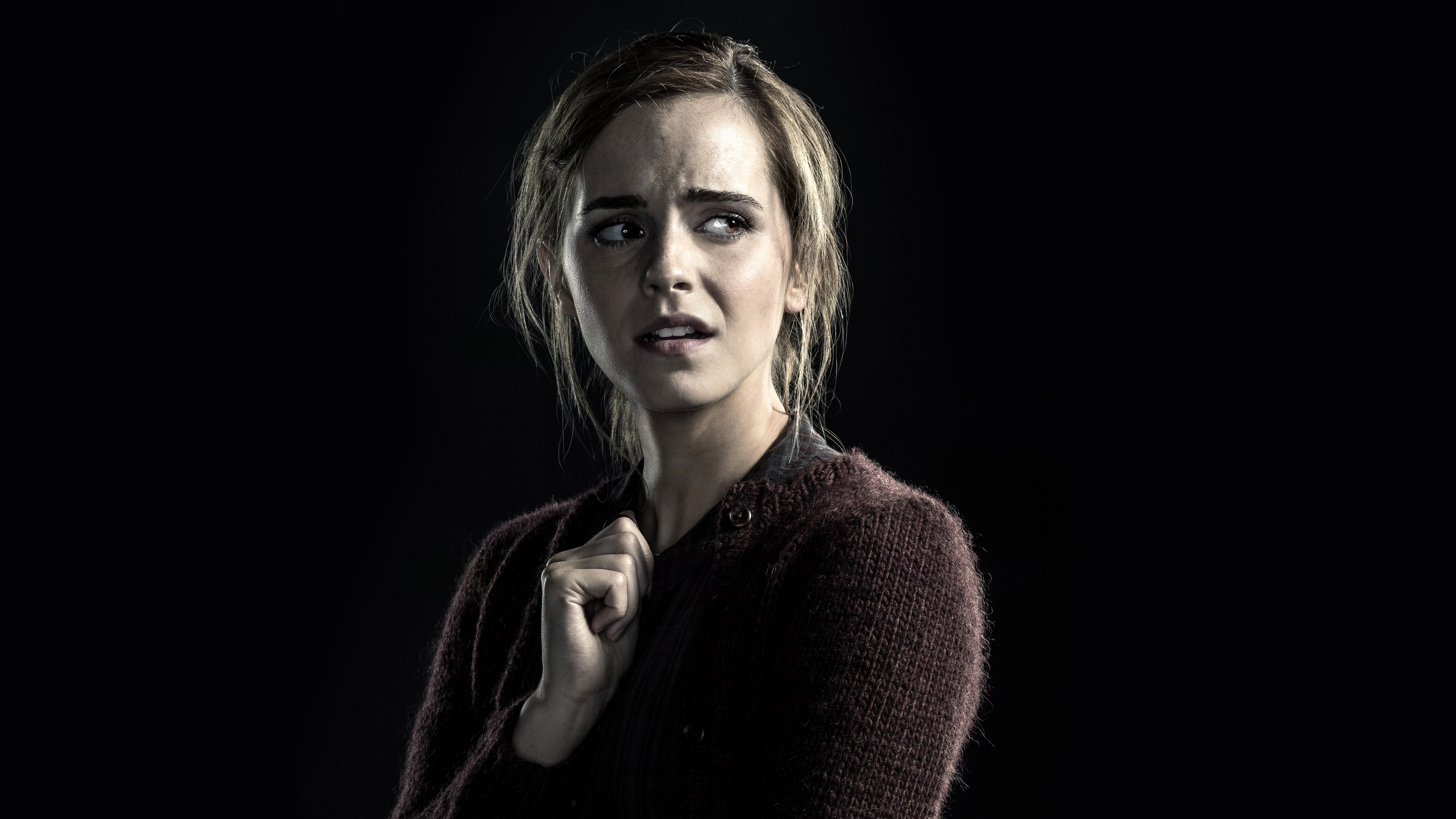 beautiful woman, women, black background, 5K, depression - sadness, one person, hairstyle, contemplation, teenager, front view, Emma Watson, emotion, studio shot, HD Wallpaper