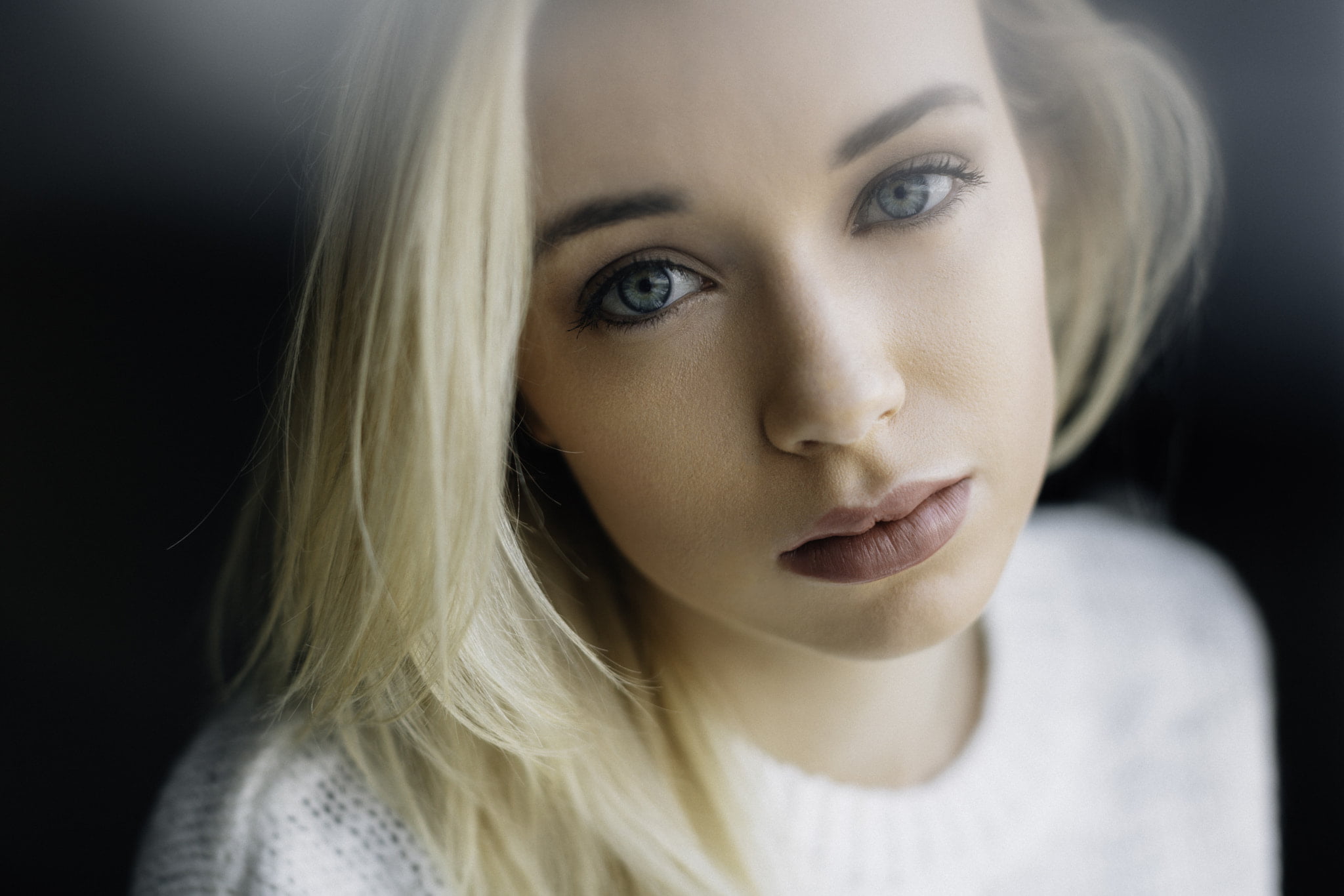 headshot, blond hair, emotion, beautiful woman, depression - sadness, adult, blue eyes, contemplation, sadness, black background, human face, young adult, HD Wallpaper