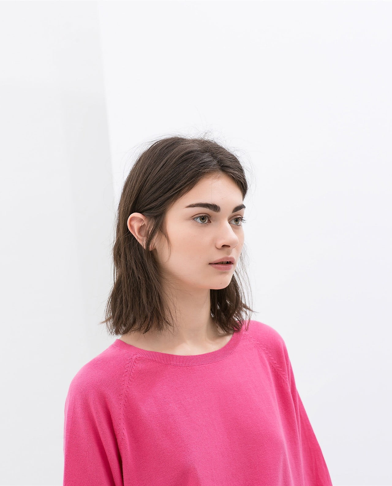 looking at camera, hairstyle, brown hair, hair, headshot, indoors, portrait, pink color, woman, looking, uncertainty, teenager, white background, model, Phone HD Wallpaper