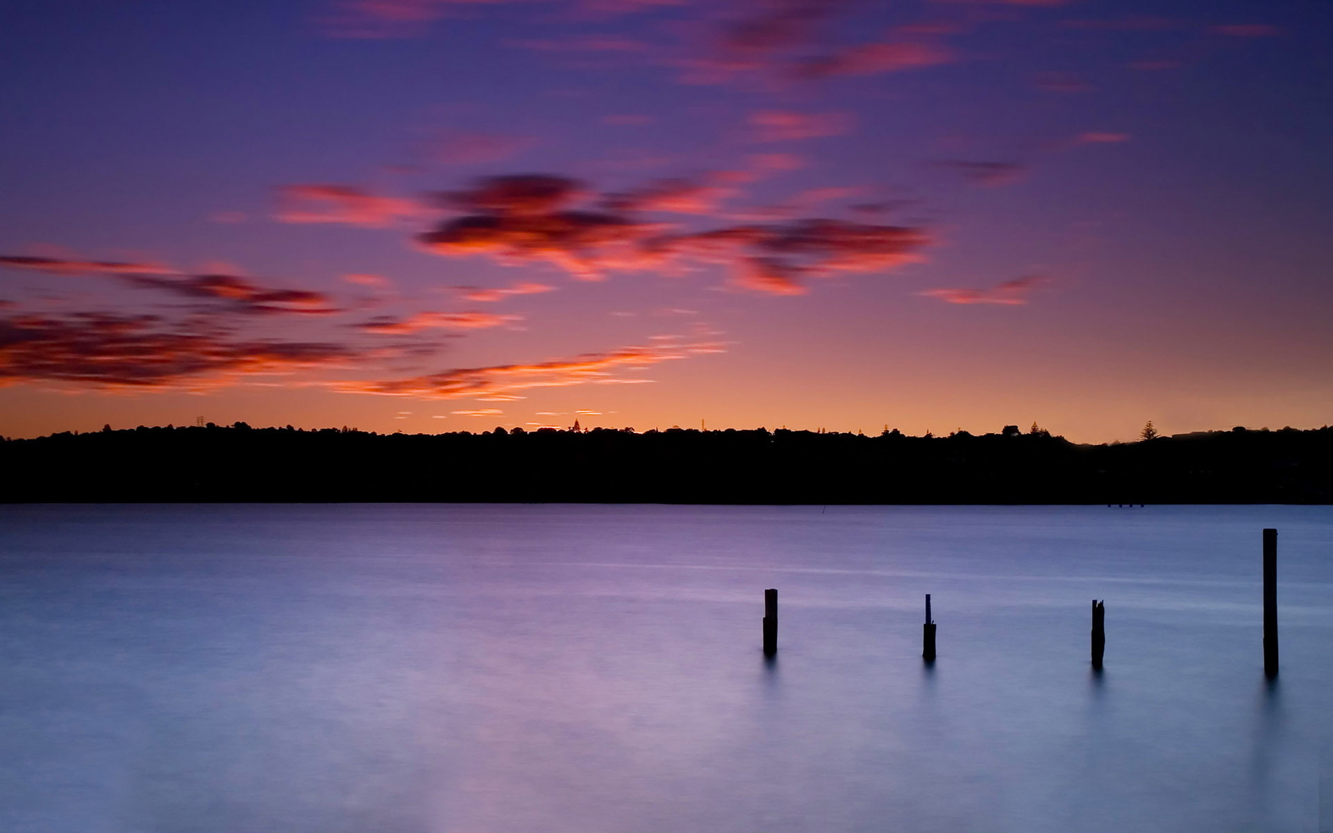 four, orange, purple, photography, aucklandnewzealand, poles, blue, seascape, longexposure, 1080P, sky, sunset, clouds, reflections, onehungaharbour, newzealand, HD Wallpaper