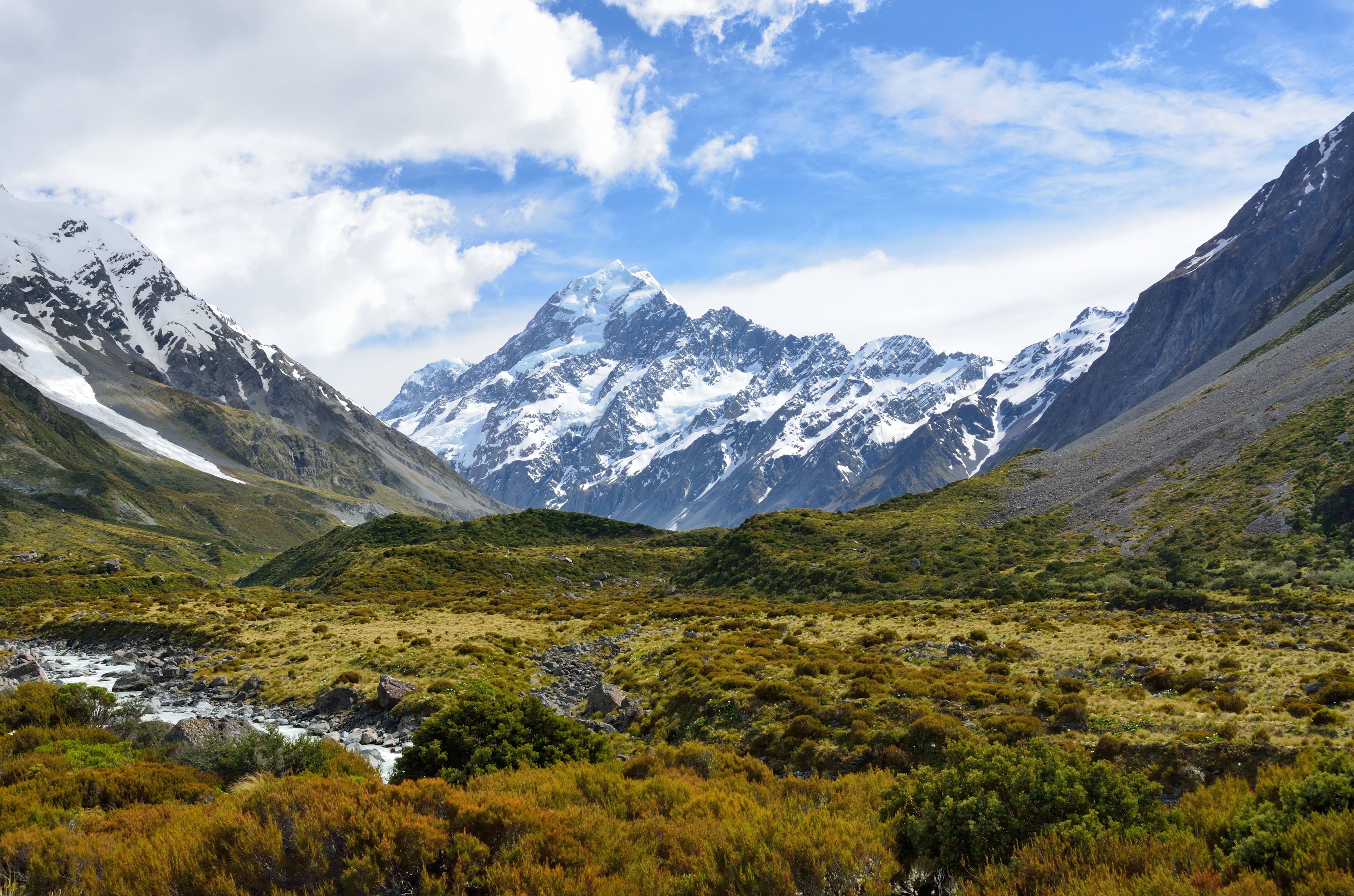 plant, new zealand, green, aoraki, environment, day, land, landscape, snowcapped mountain, 4K, field, no people, alpine, nature, mountain, sky, daytime, HD Wallpaper