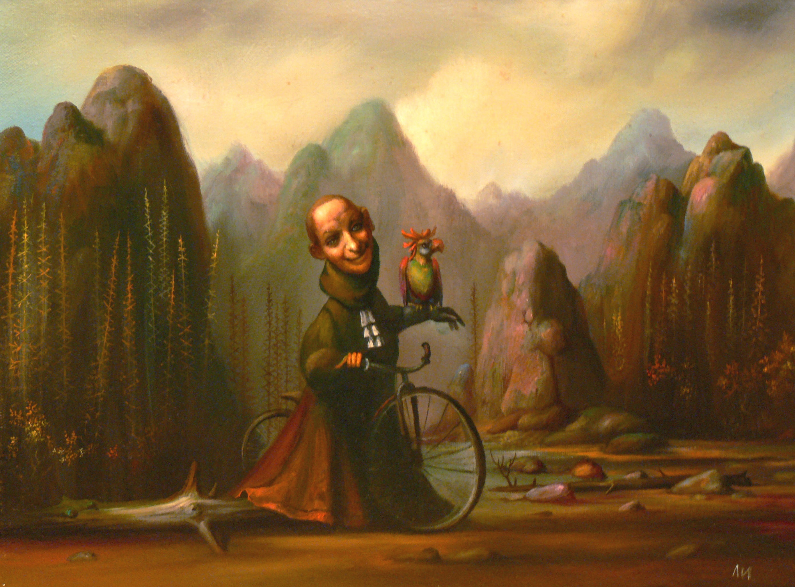 mountains, Lazarev I. A, Surrealism, bike, parrot, 2K, HD Wallpaper