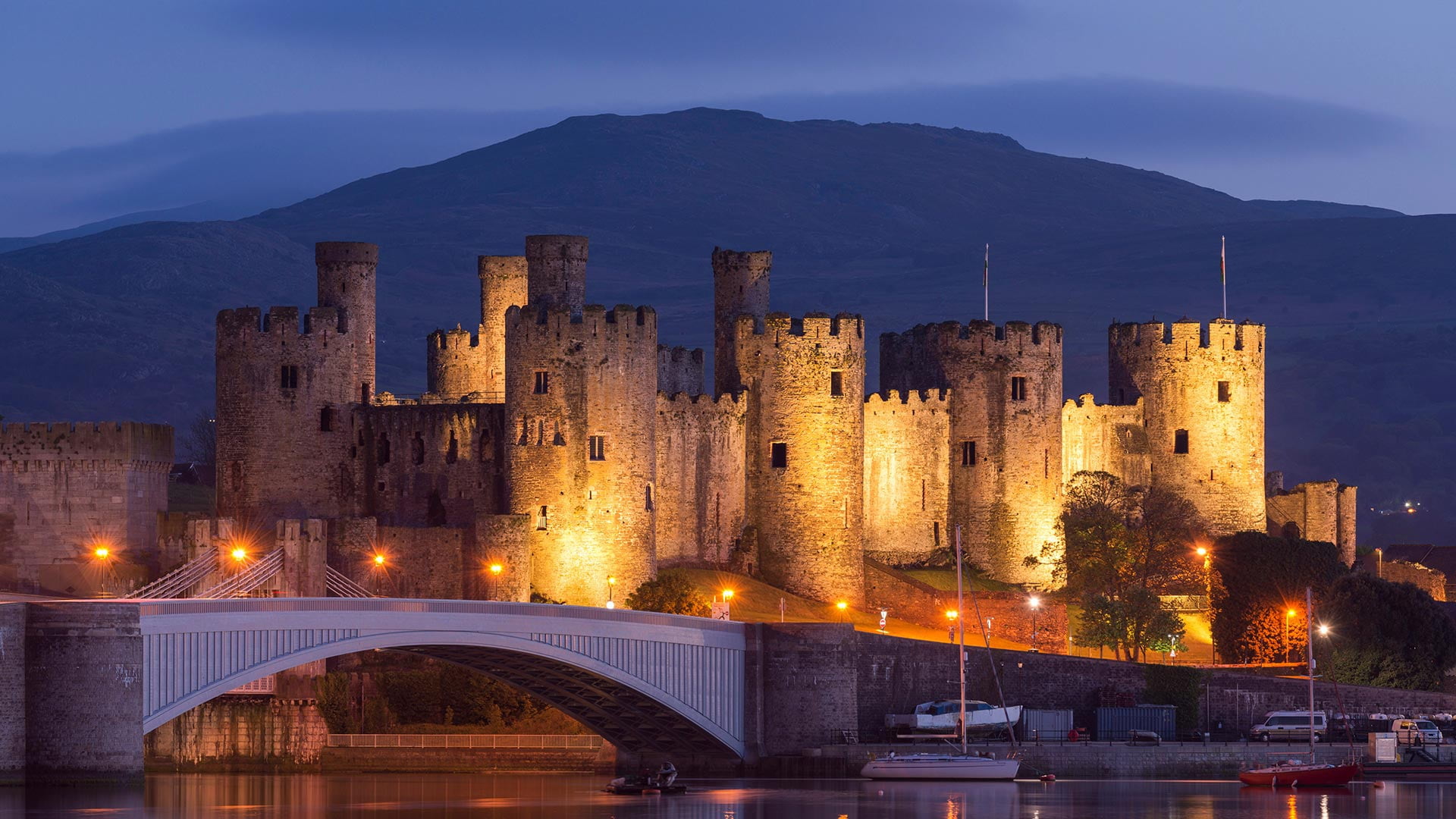 lights, tower, 1080P, Wales, Conwy castle, bridge, HD Wallpaper