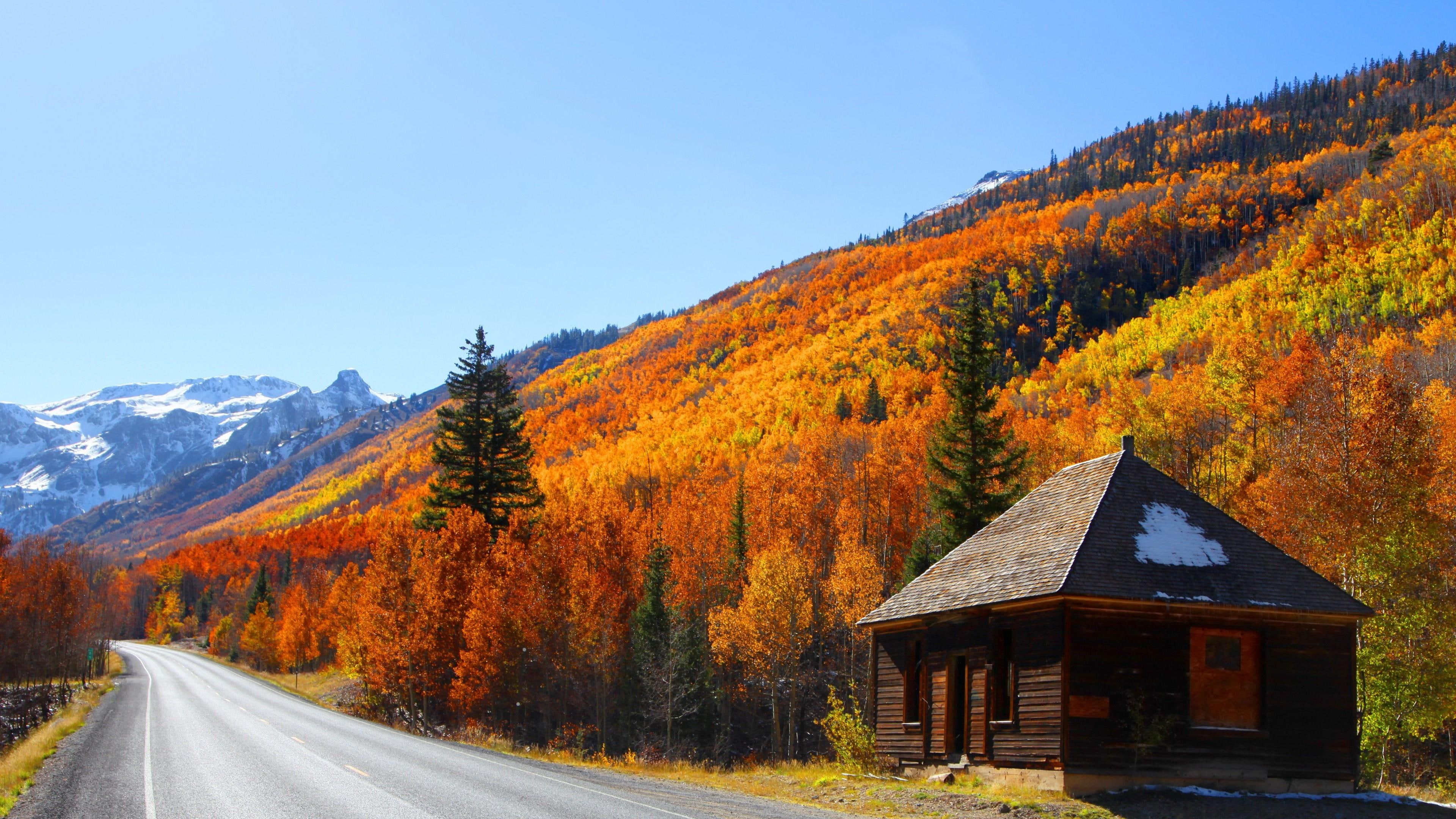life, autumn, hills, house, trees, way, 4K, HD Wallpaper