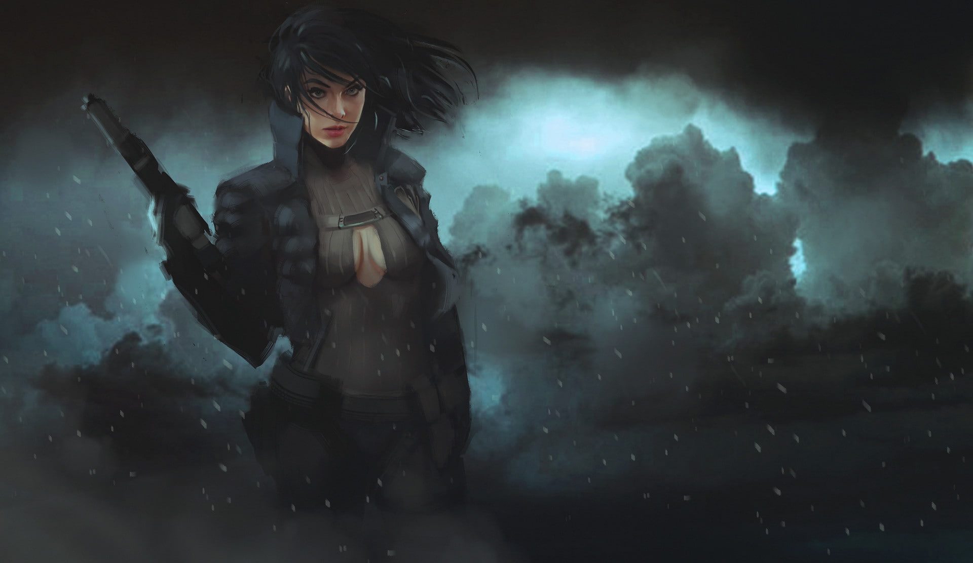 video games, digital art, 1080P, artwork, gun, women, brunette, cleavage, HD Wallpaper