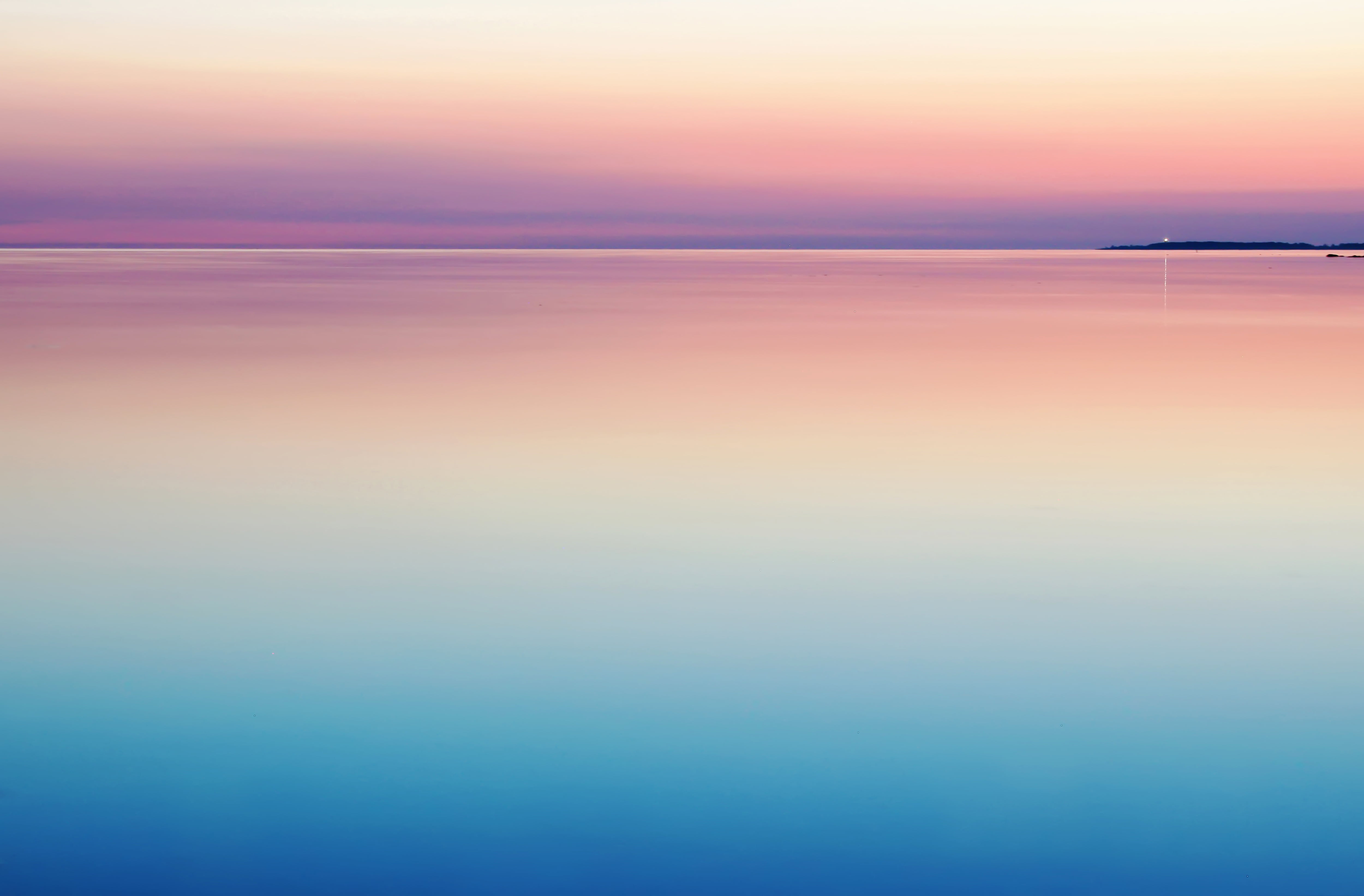 horizon, sunlight, romantic sky, sunrise, no people, idyllic, reflection, sparse, horizon over water, blue, nature, sunrise - Dawn, land, colorful, colourful, HD Wallpaper