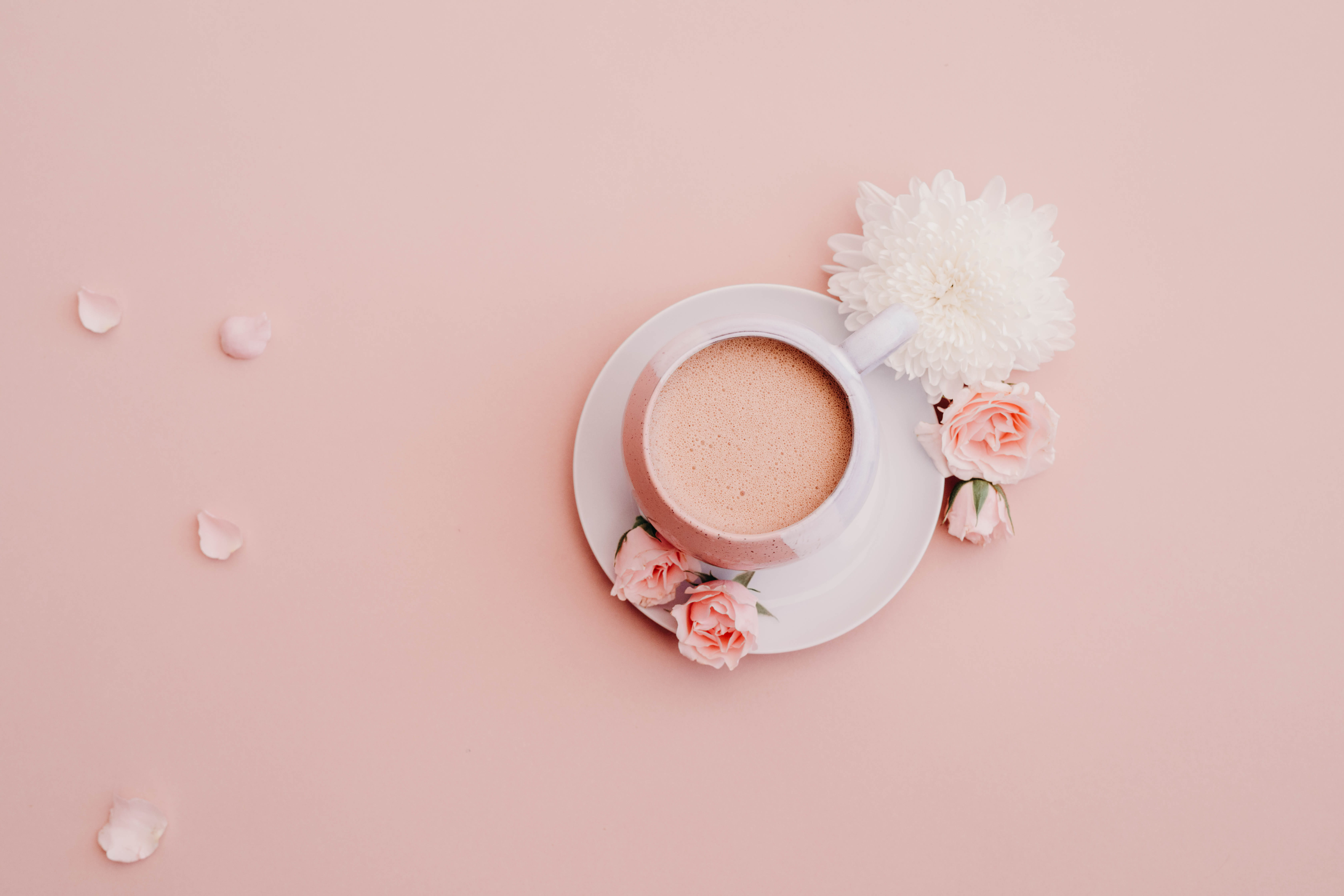 ceramic, glazed, feminine, pink color, 5K, brunch, drink, coffee cup, food and drink, pastel, refreshment, white, tea cup, pink, colour, directly above, HD Wallpaper