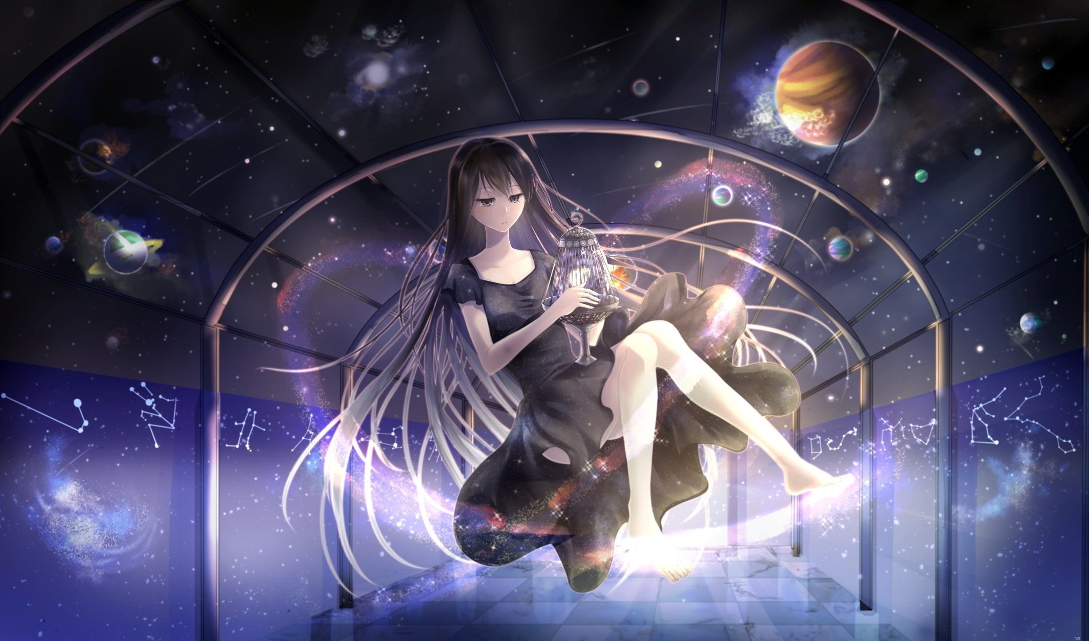 cage, barefoot, 1080P, stars, eyes, planet, original, dress, karo, black, long, hair, HD Wallpaper