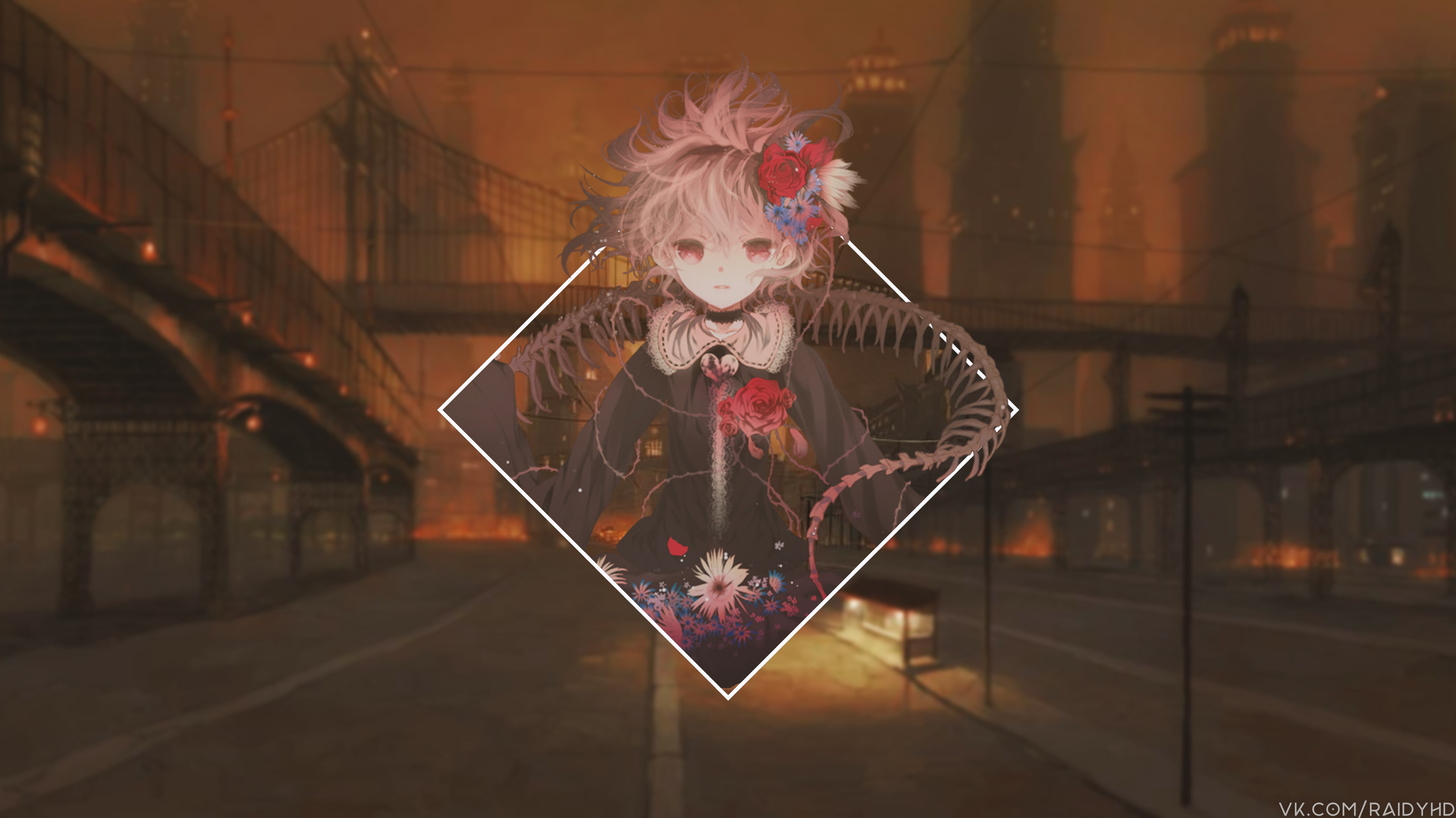 anime, front view, leisure activity, heart shape, creativity, glass - material, red eyes, flower in hair, picture-in-picture, transparent, focus on foreground, HD Wallpaper