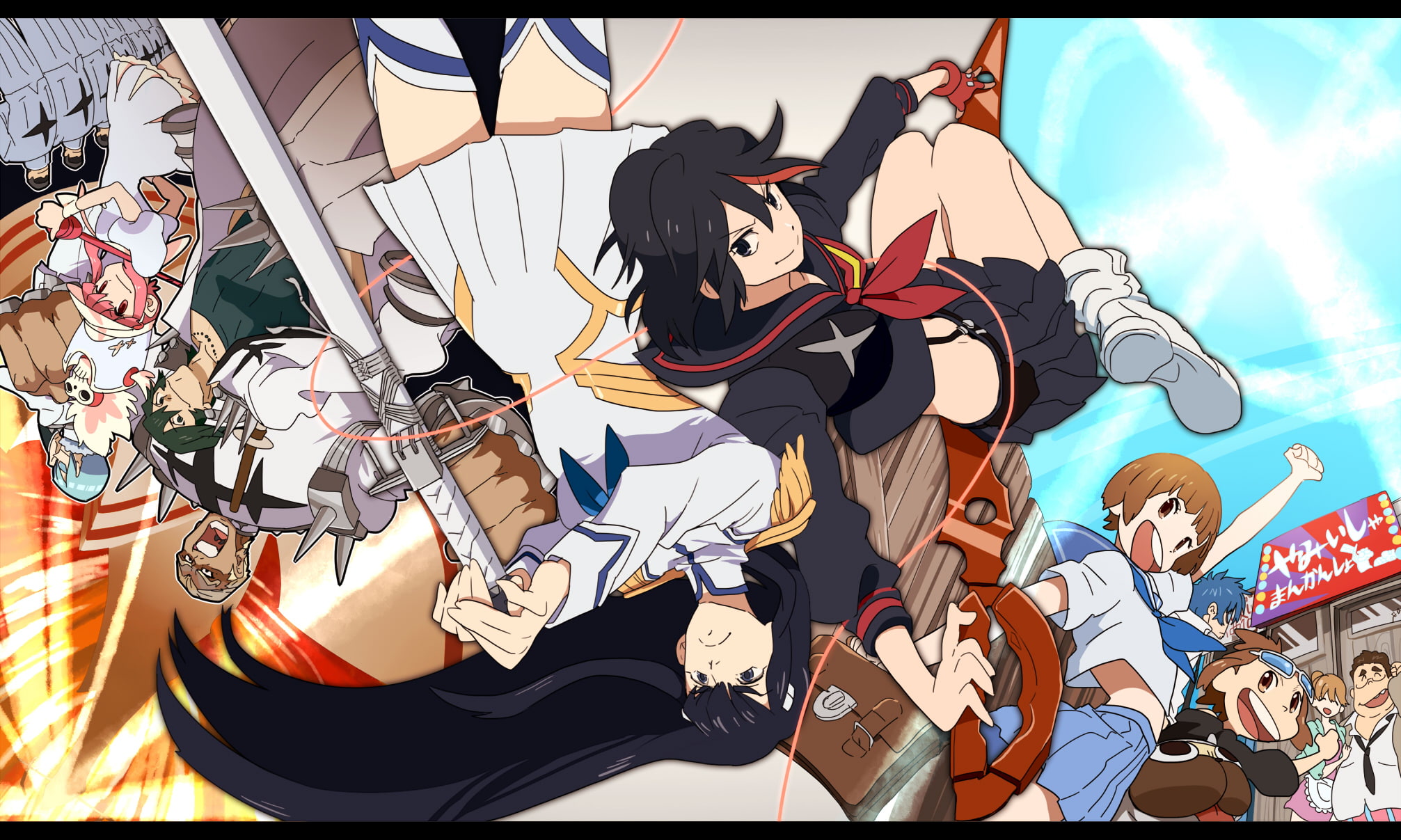 ryuuko, black, pink, gabu, gamagouri, weapon, sword, seifuku, ira, blue, 1080P, brown, goggles, hair, matoi, kill, kichi, eyes, group, HD Wallpaper