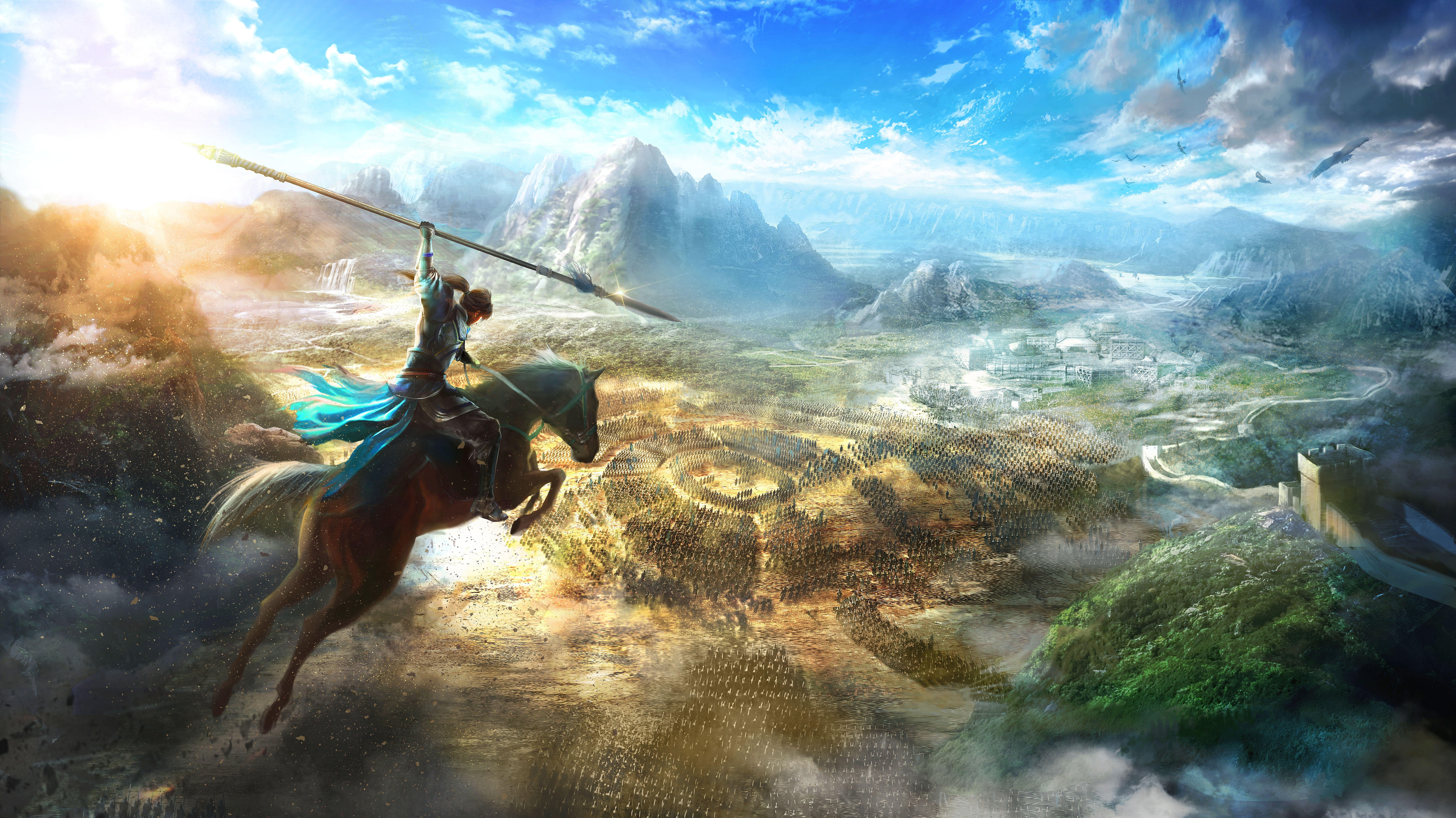 Game, The game, Jump, Mountains, Spear, Horse, Clouds, Warrior, Dynasty Warriors 9, Квест, 8K, HD Wallpaper