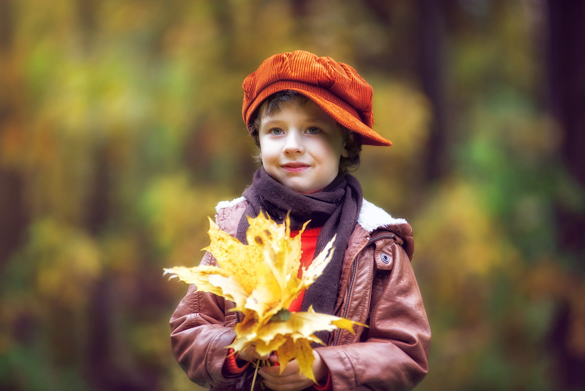 hat, yellow, outdoors, clothing, warm clothing, looking at camera, lifestyles, leaves, kid, focus on foreground, one person, plant, 1080P, portrait, men, HD Wallpaper