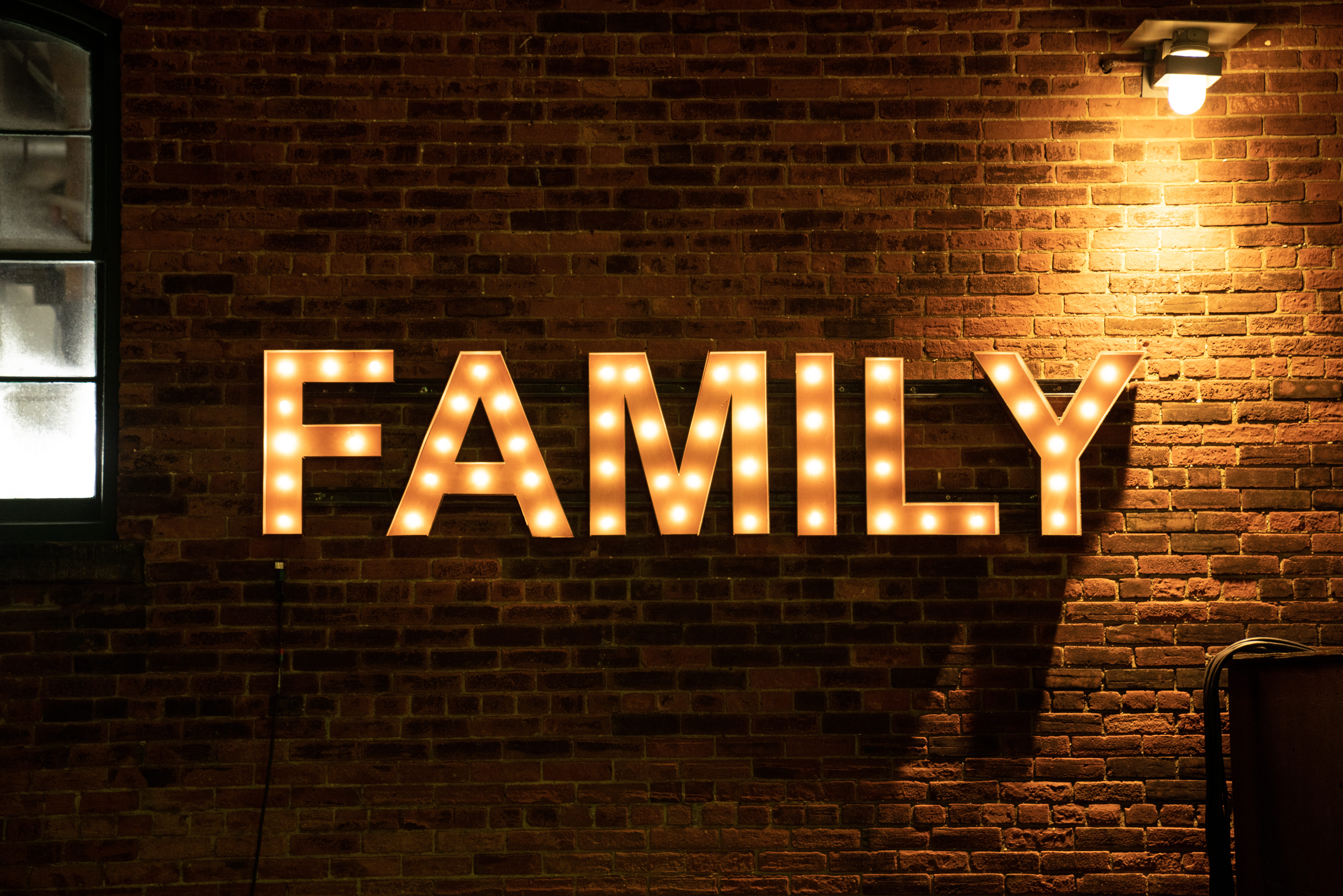 wall - building feature, communication, glowing, family, no people, night, 8K, brick wall, message, electric light, built structure, light, marquee, brick, HD Wallpaper