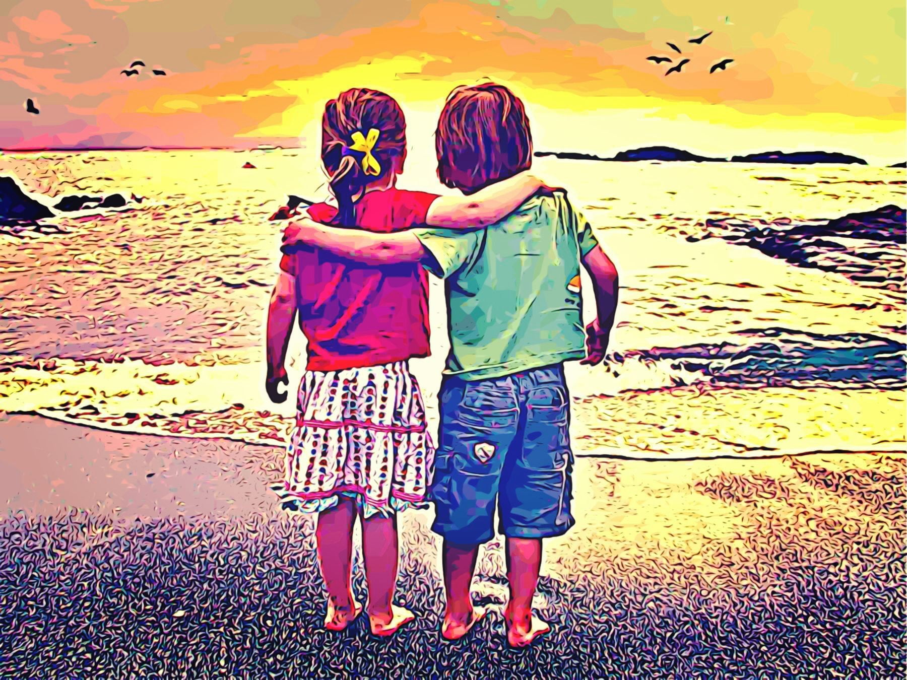 real people, nature, sea, sister, rear view, sunset, people, 720P, water, digital art, casual clothing, land, childhood, outdoors, boy, couple, girl, standing, HD Wallpaper