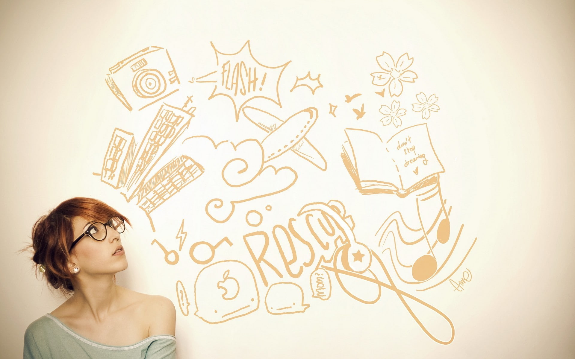 looking up, drawing - art product, creativity, offspring, contemplation, women artwork model, eyeglasses, girls, teenager, looking, females, glasses, women, HD Wallpaper