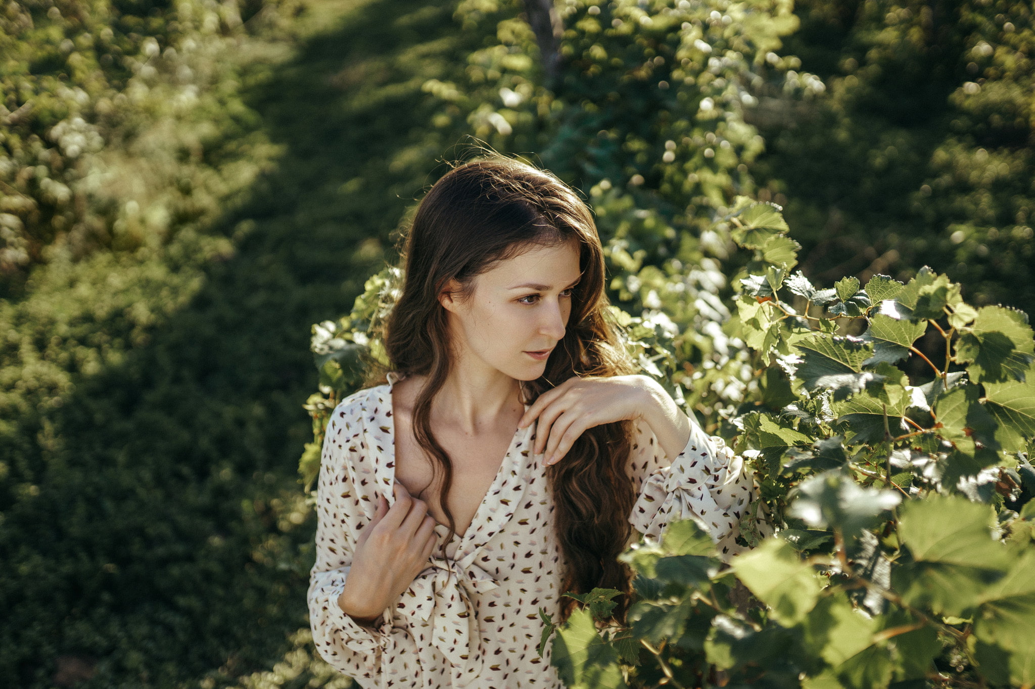 hair, looking, day, young women, adult, tree, nature, white shirt, leisure activity, growth, 1080P, brown eyes, plant, beautiful woman, one person, brown hair, HD Wallpaper