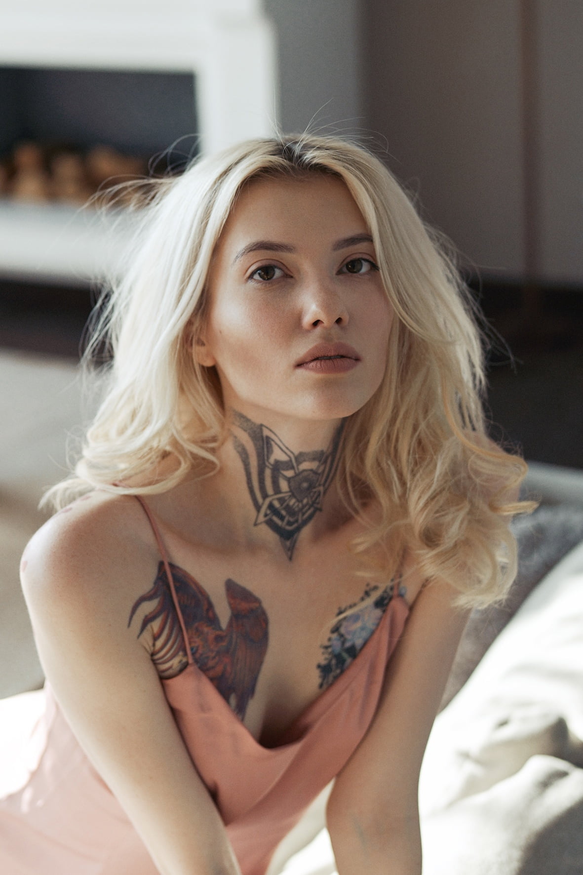 long hair, inked girls, women indoors, Vladimir Serkov, looking at viewer, blonde, makeup, model, indoors, 720P, women, Phone HD Wallpaper