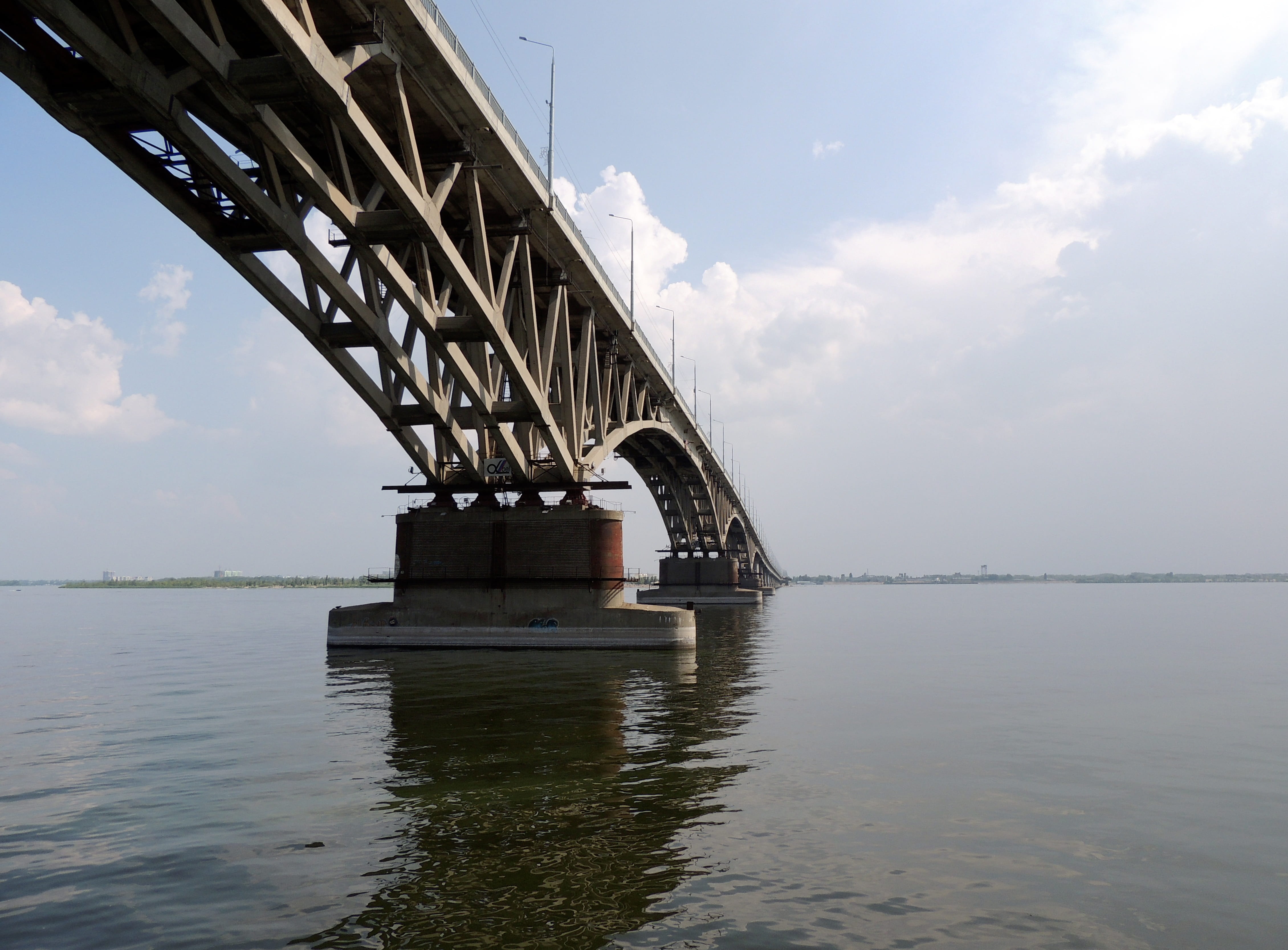 sky, Reflection, cloud - sky, travel destinations, Saratov, river, nature, River, day, waterfront, clouds, water, volga, bridge, connection, 4K, Bridge, HD Wallpaper